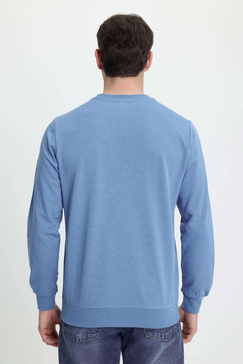 Erkek Relax Fit Rahat Kesim %100 Pamuk 2 İplik Bisiklet Yaka Mavi Sweatshirt