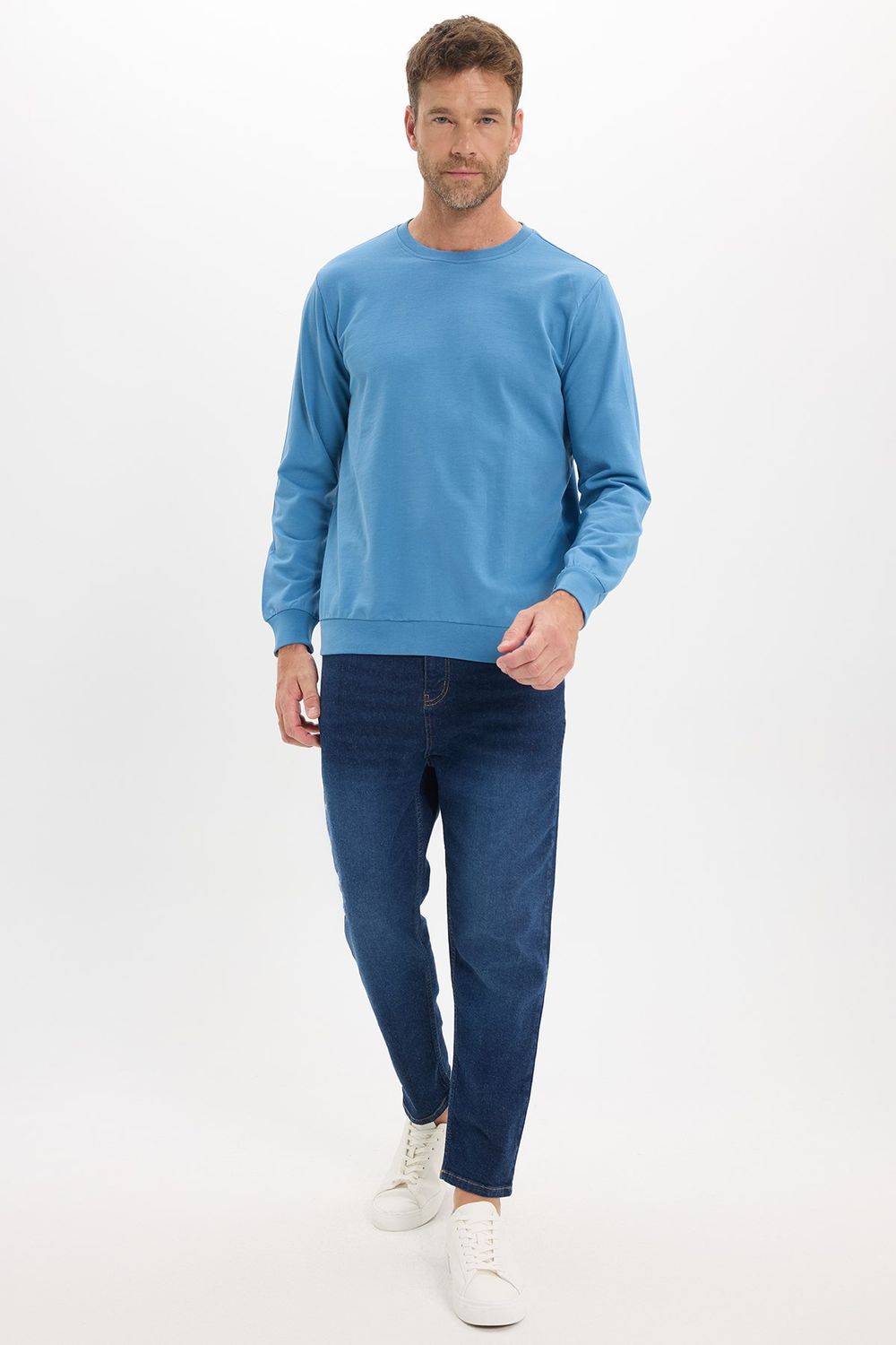 Erkek Relax Fit Rahat Kesim %100 Pamuk 2 İplik Bisiklet Yaka Mavi Sweatshirt