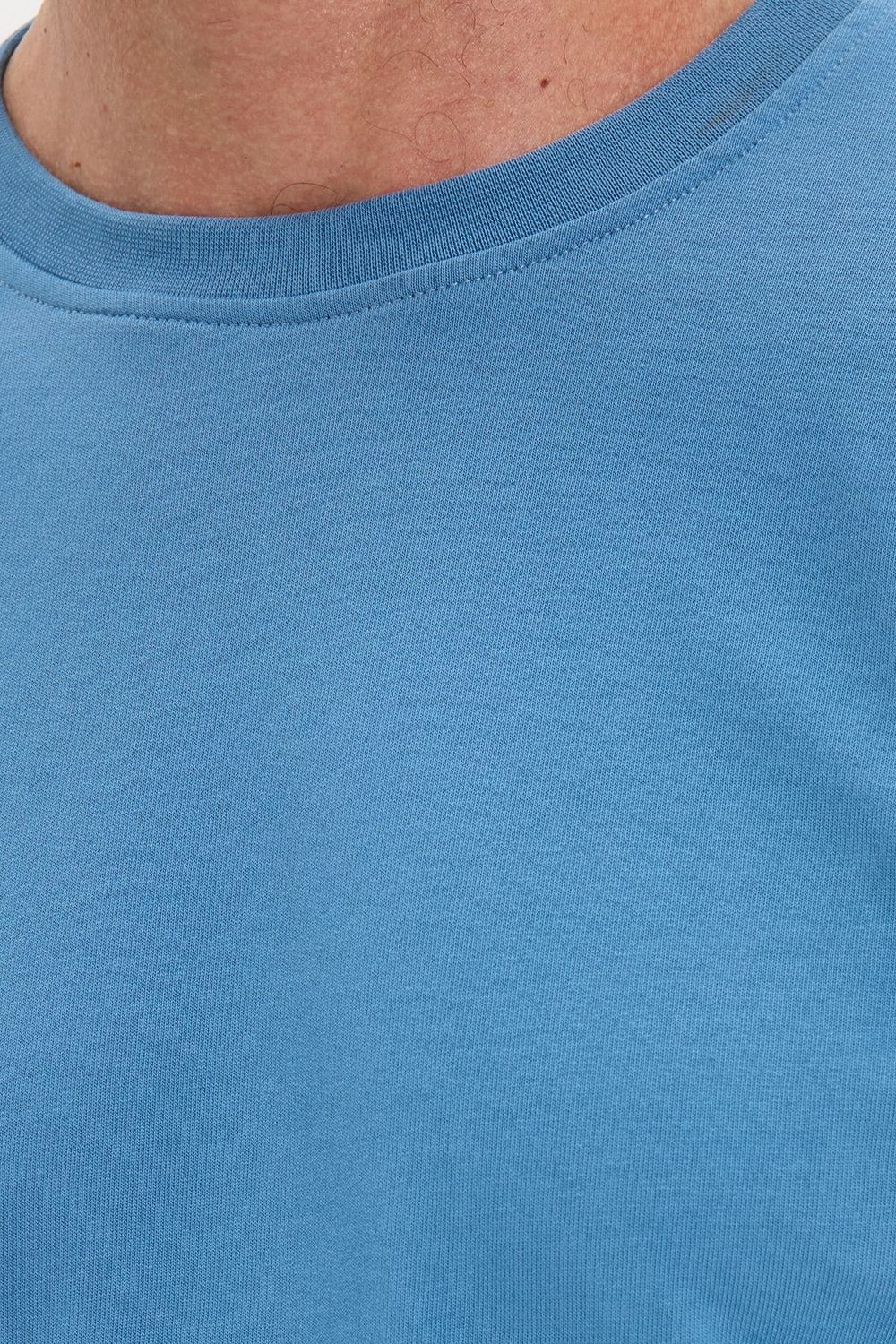 Erkek Relax Fit Rahat Kesim %100 Pamuk 2 İplik Bisiklet Yaka Mavi Sweatshirt