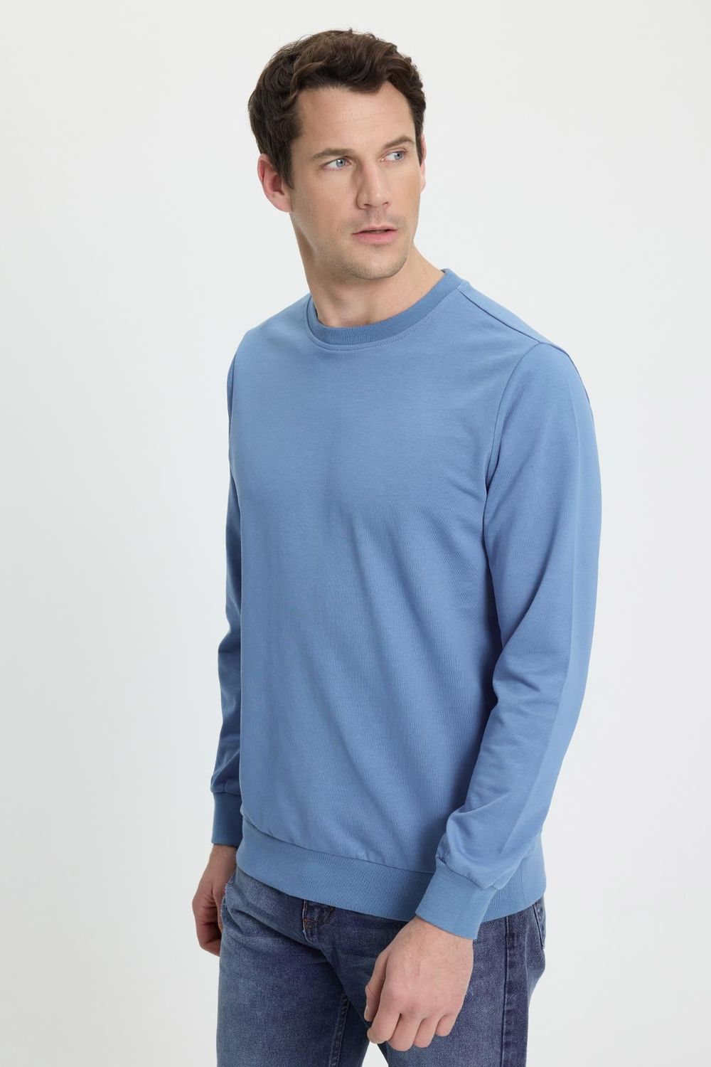 Erkek Relax Fit Rahat Kesim %100 Pamuk 2 İplik Bisiklet Yaka Mavi Sweatshirt