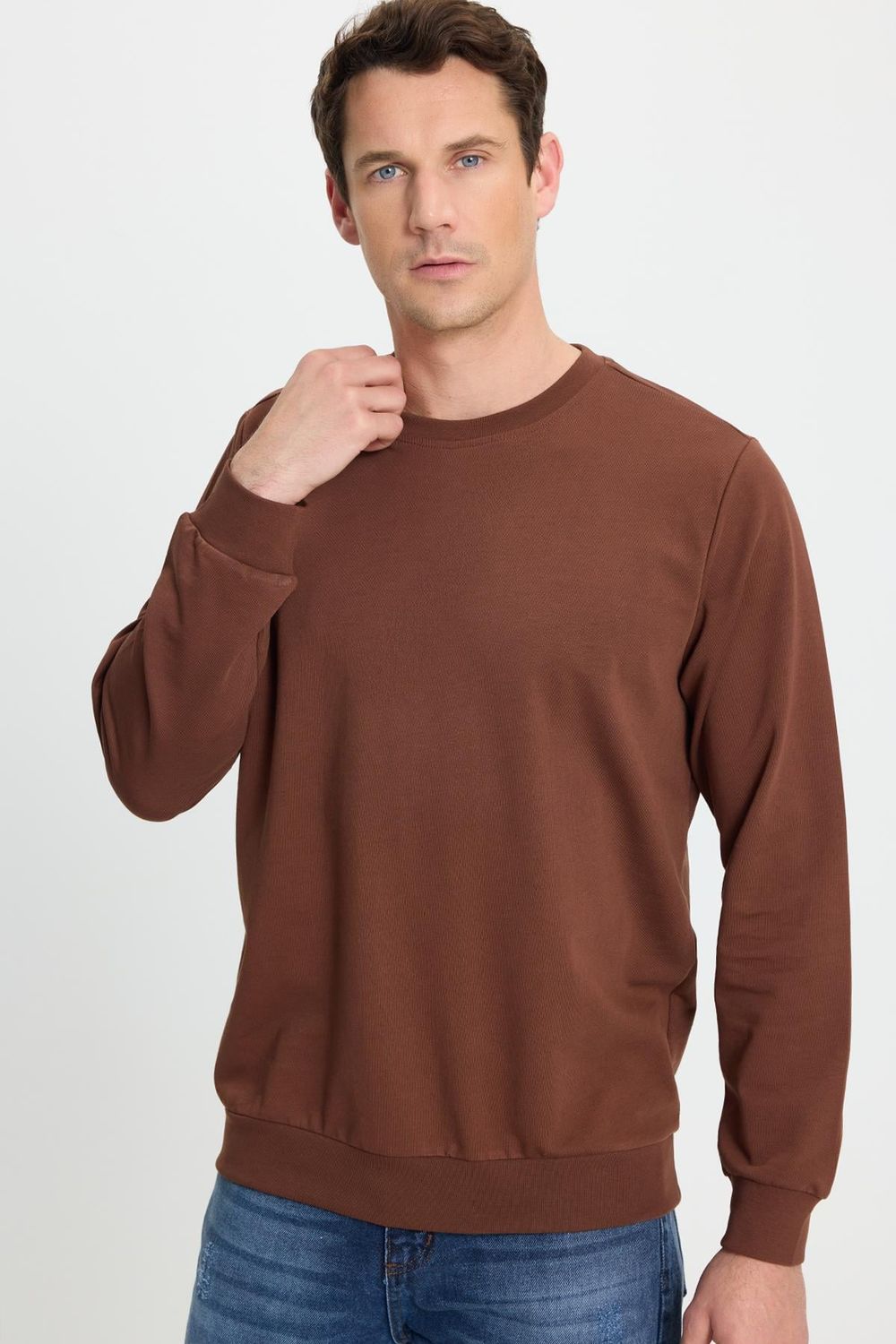 Erkek Relax Fit Rahat Kesim %100 Pamuk 2 İplik Bisiklet Yaka Kahverengi Sweatshirt