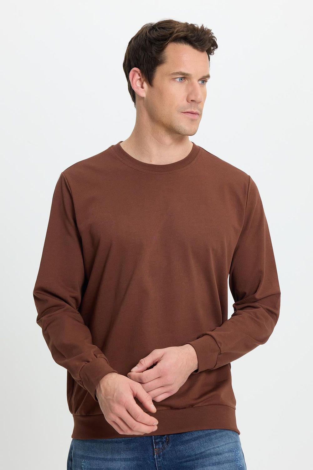 Erkek Relax Fit Rahat Kesim %100 Pamuk 2 İplik Bisiklet Yaka Kahverengi Sweatshirt