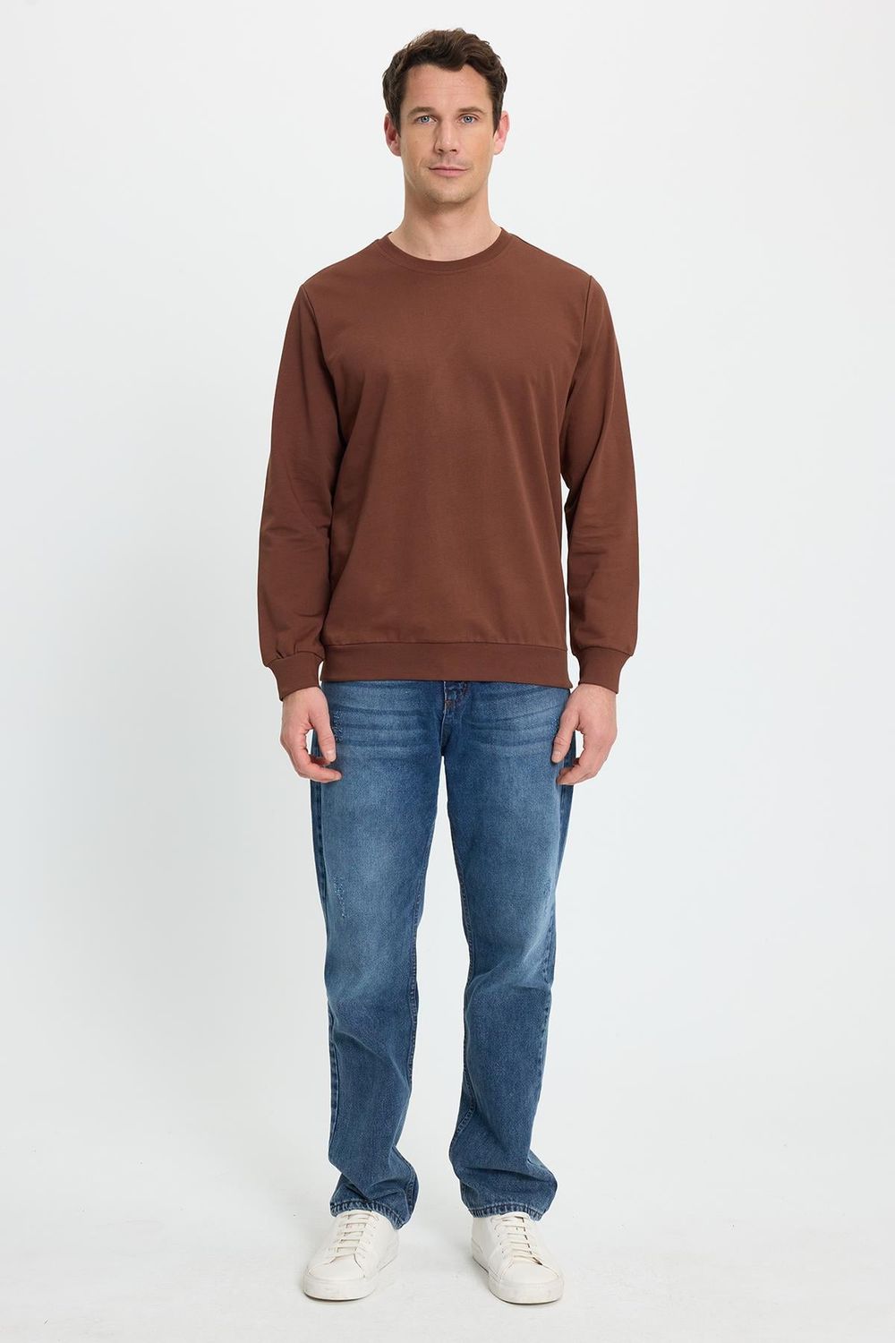 Erkek Relax Fit Rahat Kesim %100 Pamuk 2 İplik Bisiklet Yaka Kahverengi Sweatshirt