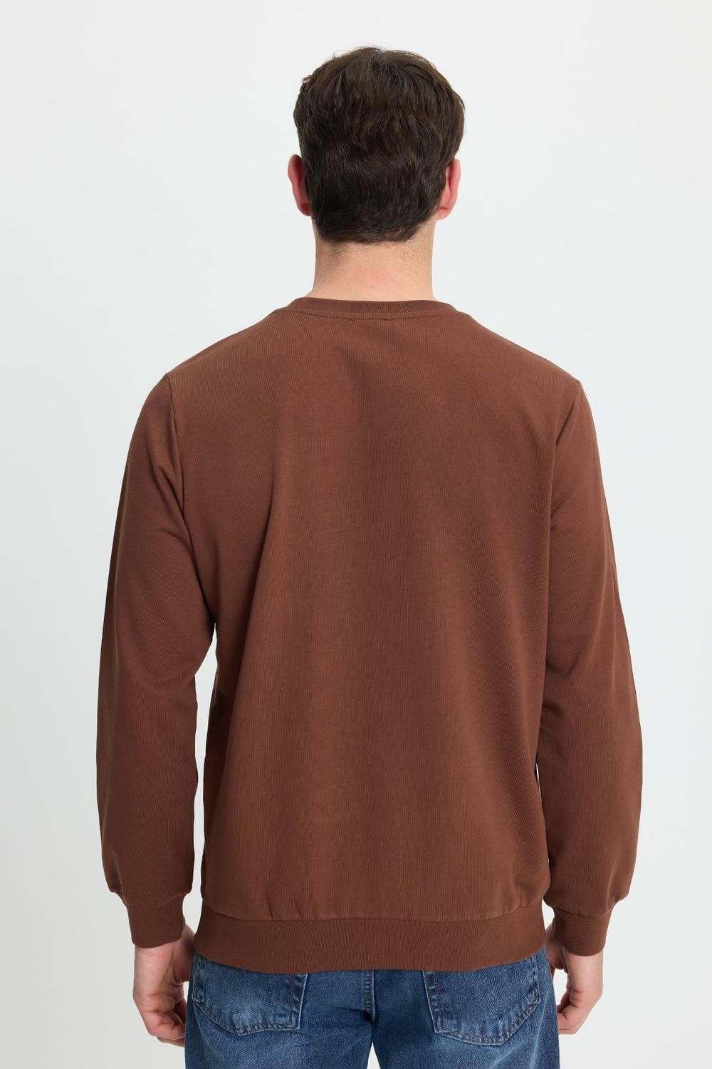 Erkek Relax Fit Rahat Kesim %100 Pamuk 2 İplik Bisiklet Yaka Kahverengi Sweatshirt
