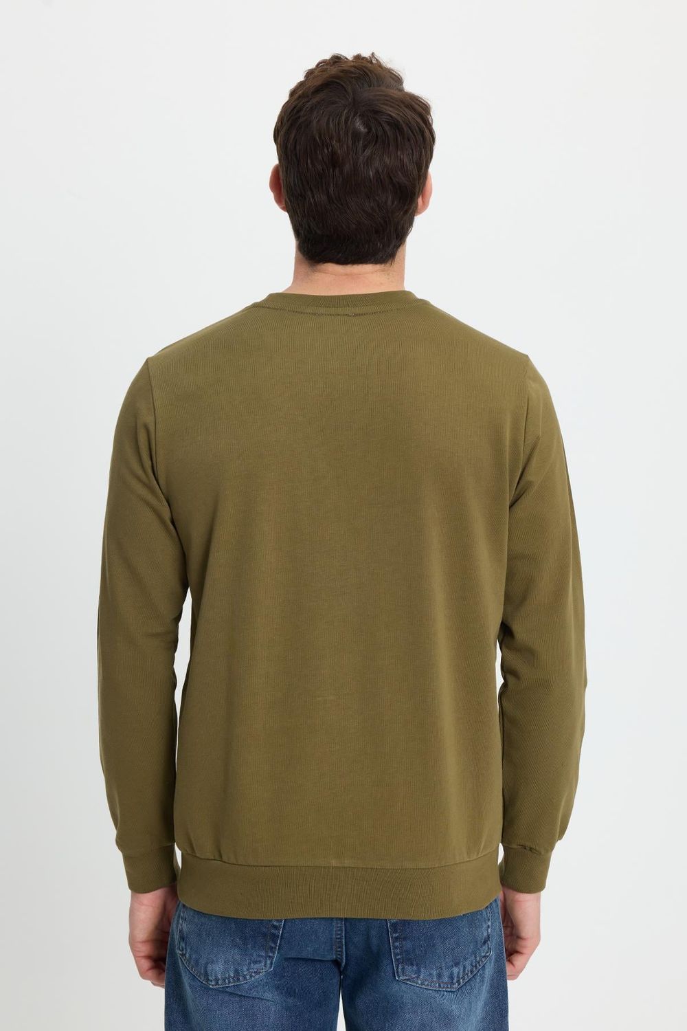 Erkek Relax Fit Rahat Kesim %100 Pamuk 2 İplik Bisiklet Yaka Haki Sweatshirt