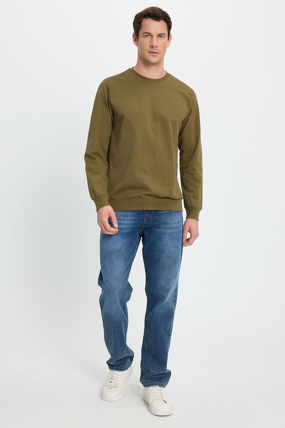Erkek Relax Fit Rahat Kesim %100 Pamuk 2 İplik Bisiklet Yaka Haki Sweatshirt