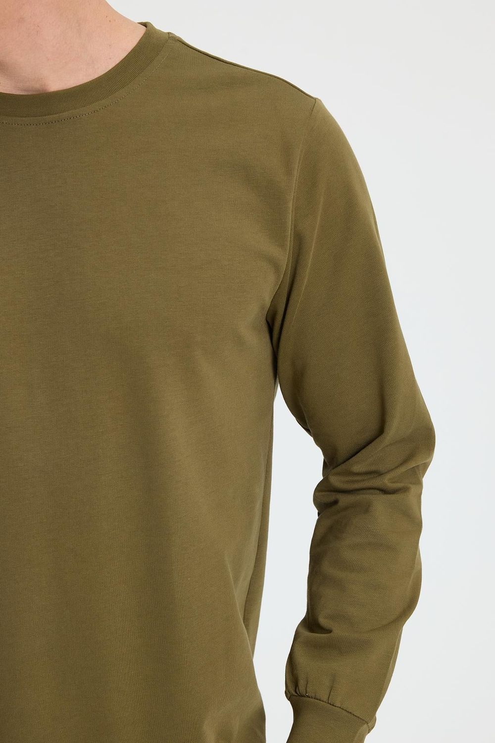 Erkek Relax Fit Rahat Kesim %100 Pamuk 2 İplik Bisiklet Yaka Haki Sweatshirt