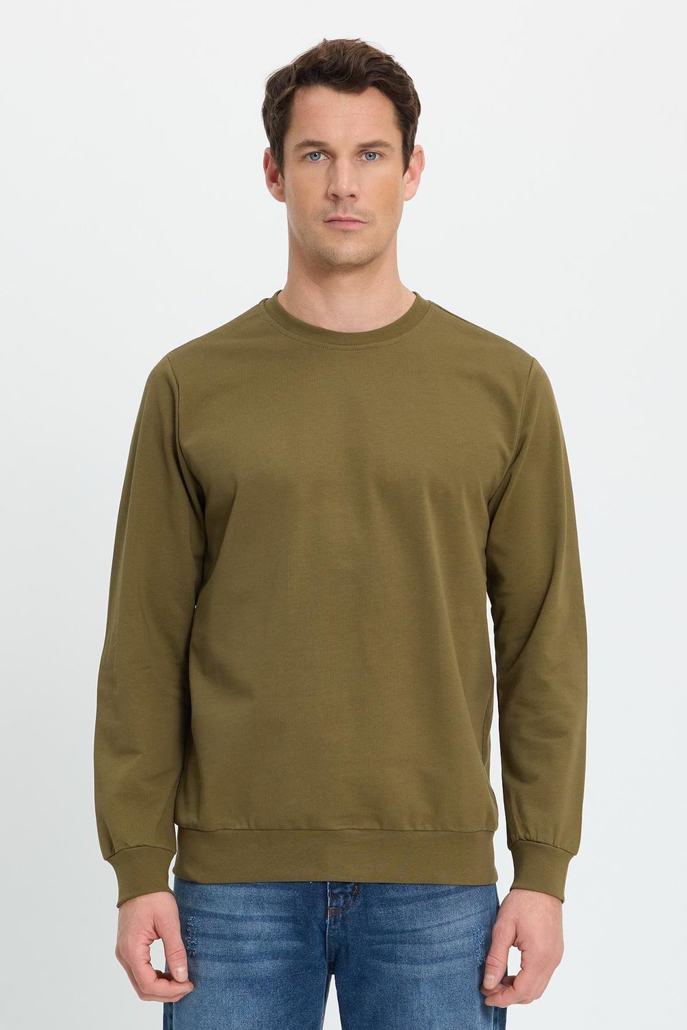 Erkek Relax Fit Rahat Kesim %100 Pamuk 2 İplik Bisiklet Yaka Haki Sweatshirt