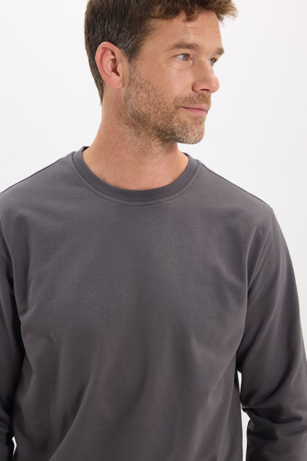 Erkek Relax Fit Rahat Kesim %100 Pamuk 2 İplik Bisiklet Yaka Koyu Gri Sweatshirt
