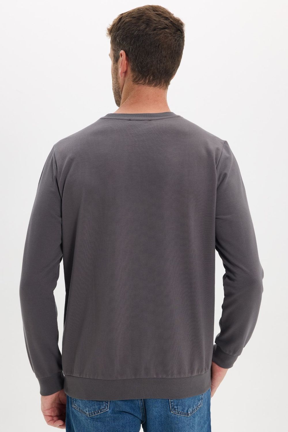 Erkek Relax Fit Rahat Kesim %100 Pamuk 2 İplik Bisiklet Yaka Koyu Gri Sweatshirt