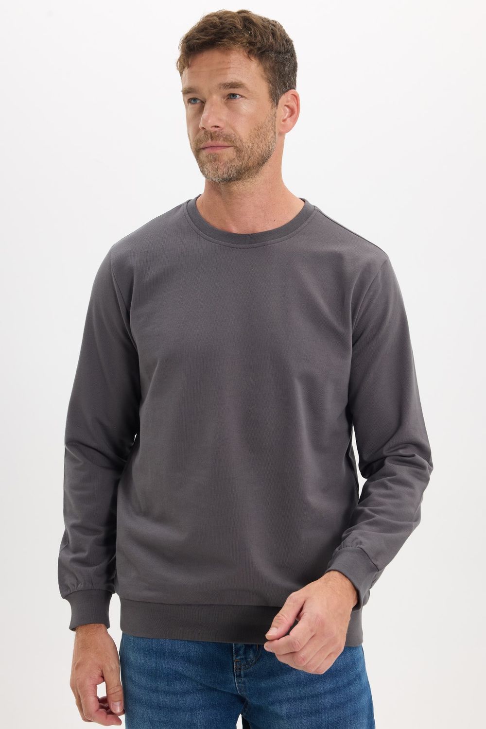 Erkek Relax Fit Rahat Kesim %100 Pamuk 2 İplik Bisiklet Yaka Koyu Gri Sweatshirt