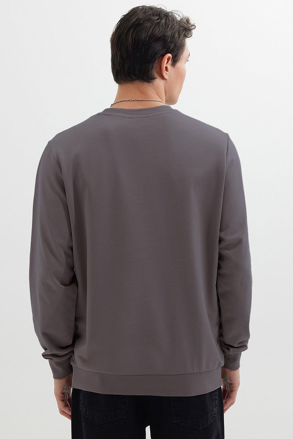 Erkek Relax Fit Rahat Kesim %100 Pamuk 2 İplik Bisiklet Yaka Koyu Gri Sweatshirt