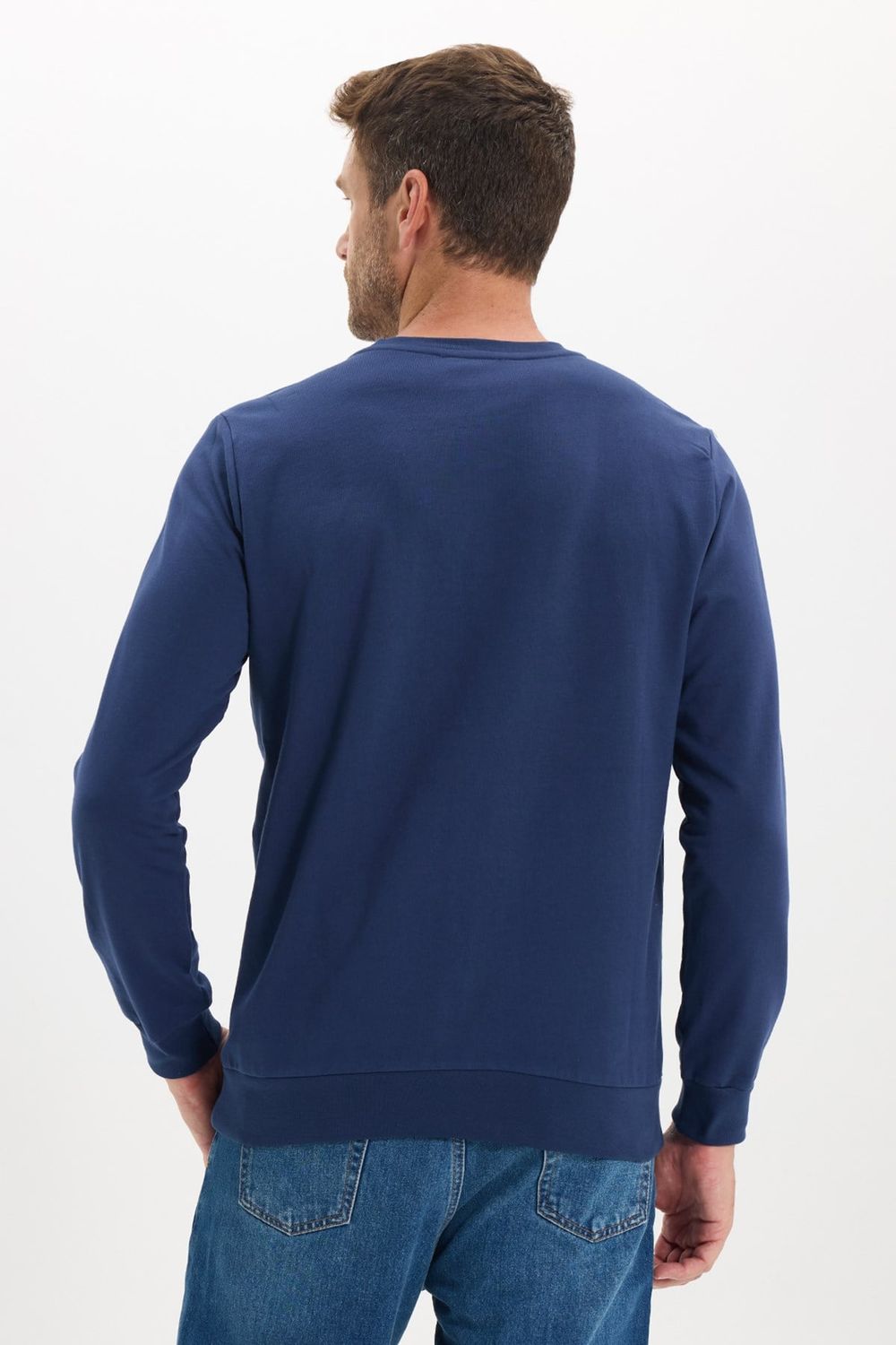 Erkek Relax Fit Rahat Kesim %100 Pamuk 2 İplik Bisiklet Yaka Lacivert Sweatshirt 