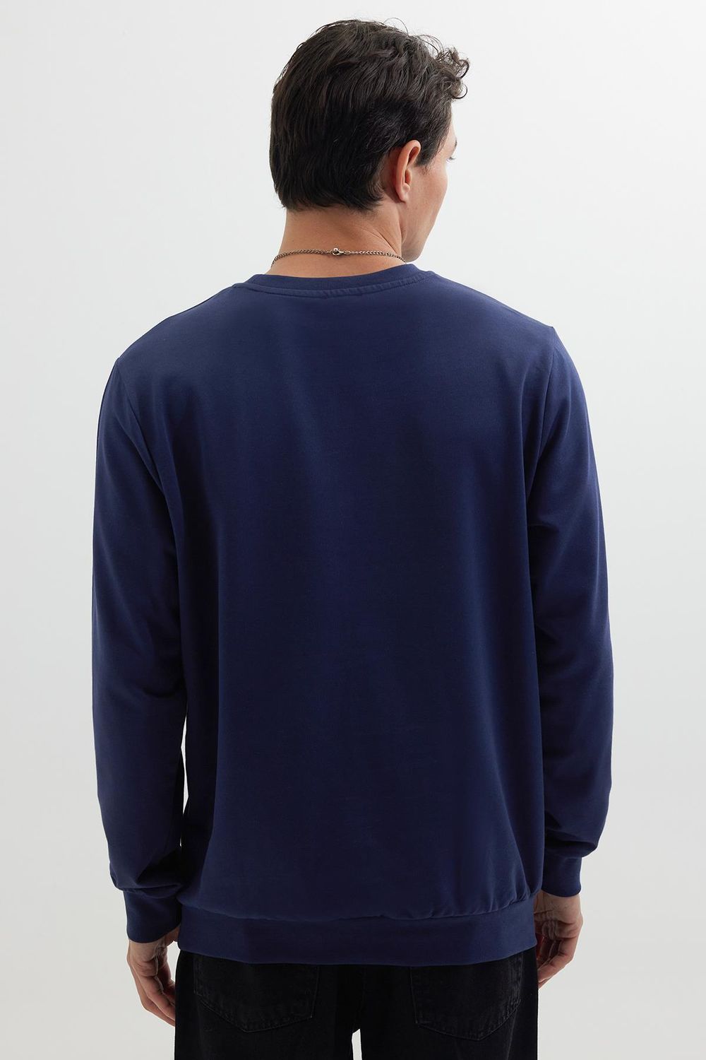 Erkek Relax Fit Rahat Kesim %100 Pamuk 2 İplik Bisiklet Yaka Lacivert Sweatshirt 