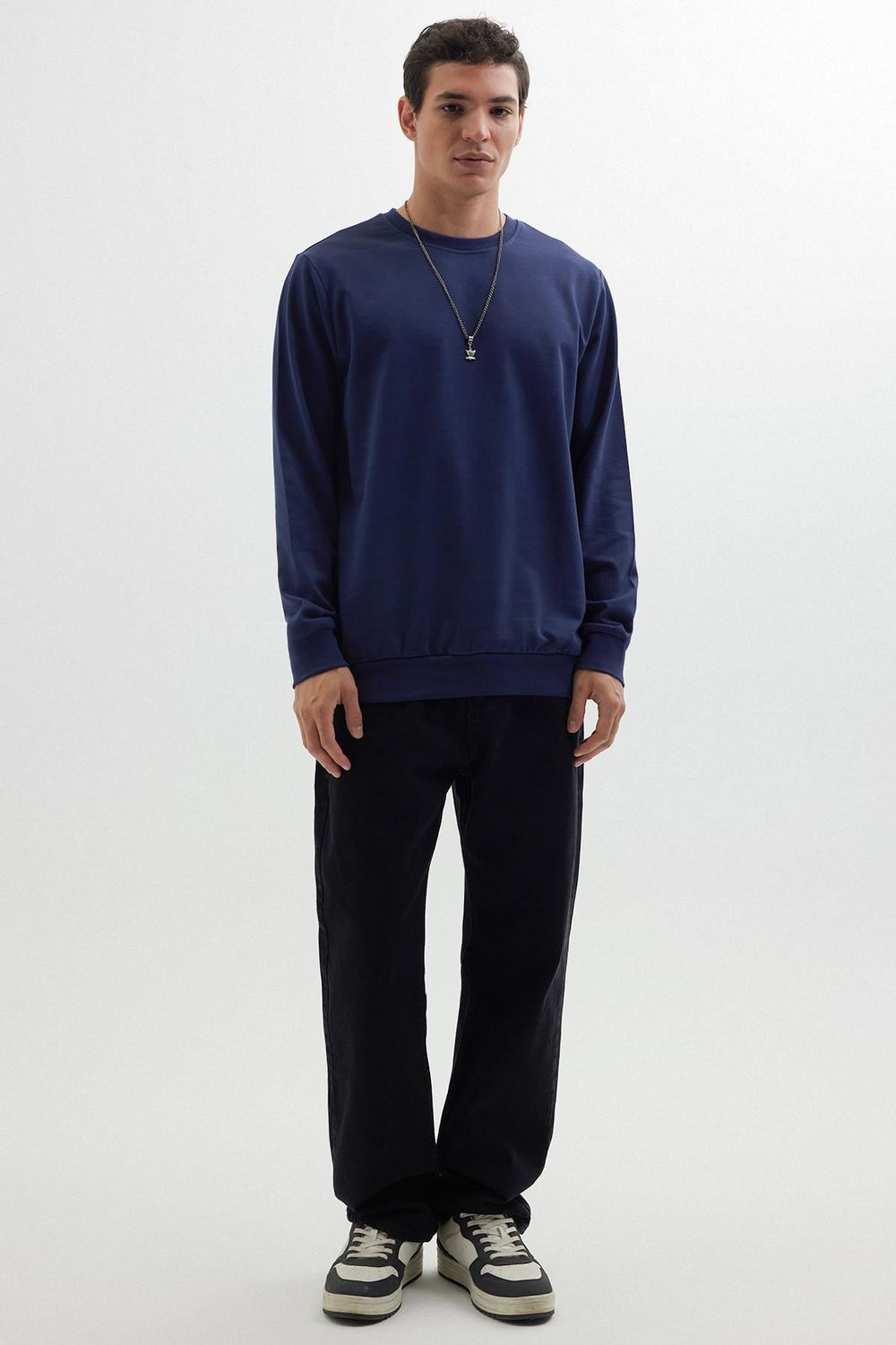 Erkek Relax Fit Rahat Kesim %100 Pamuk 2 İplik Bisiklet Yaka Lacivert Sweatshirt 