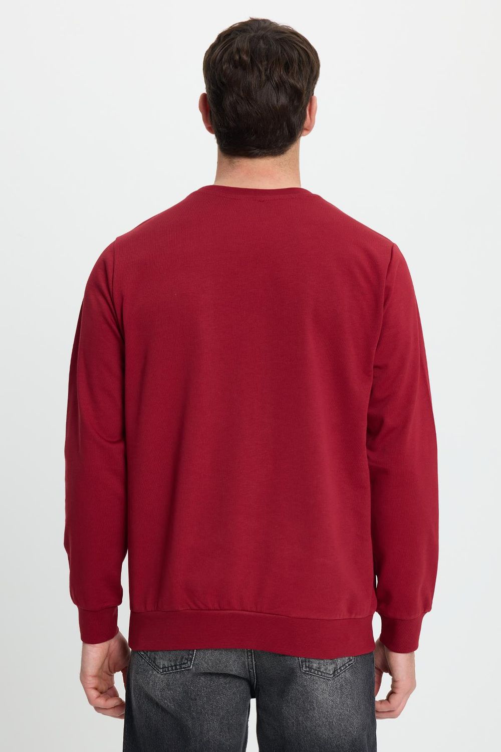 Erkek Relax Fit Rahat Kesim %100 Pamuk 2 İplik Bisiklet Yaka Bordo Sweatshirt 