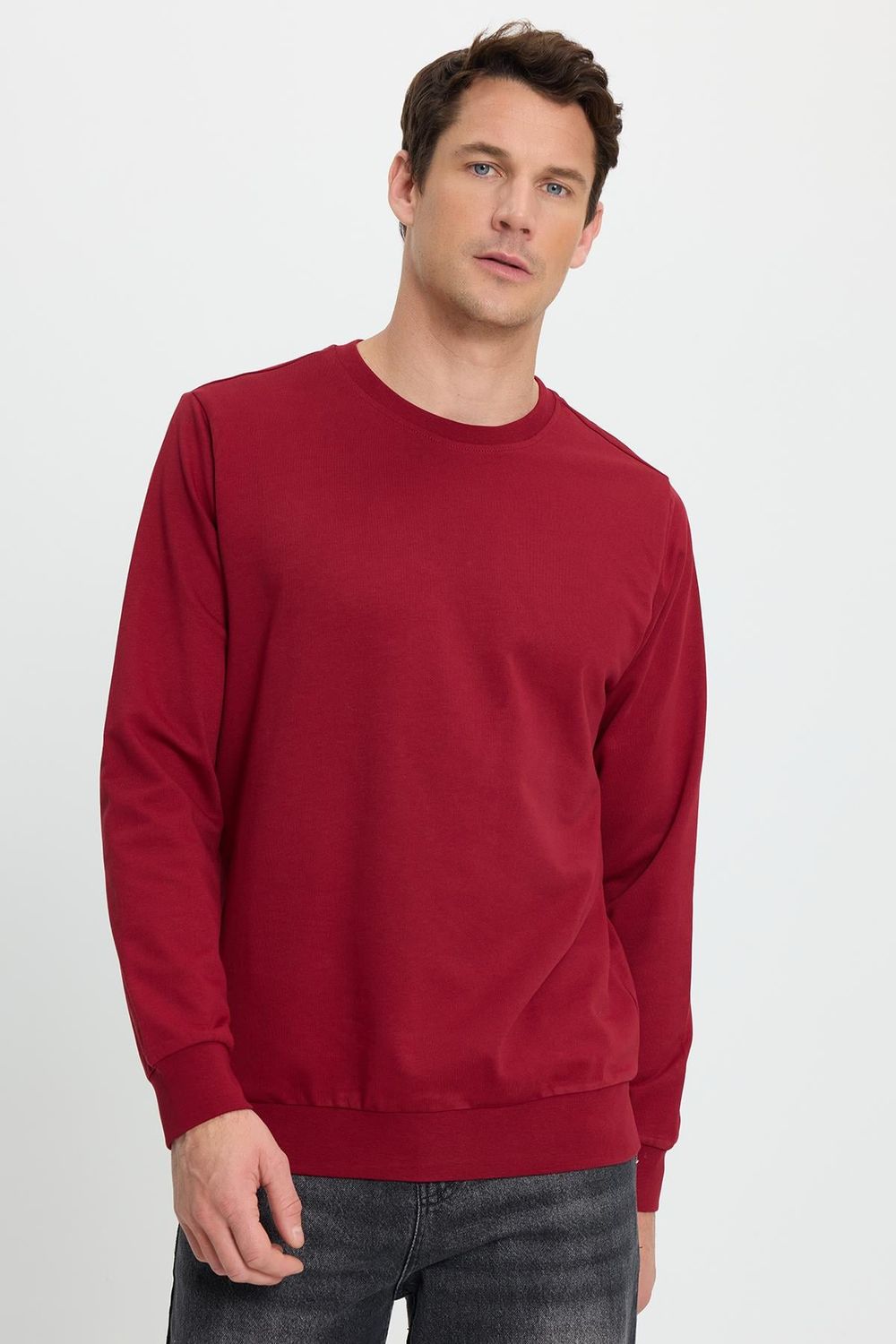 Erkek Relax Fit Rahat Kesim %100 Pamuk 2 İplik Bisiklet Yaka Bordo Sweatshirt 