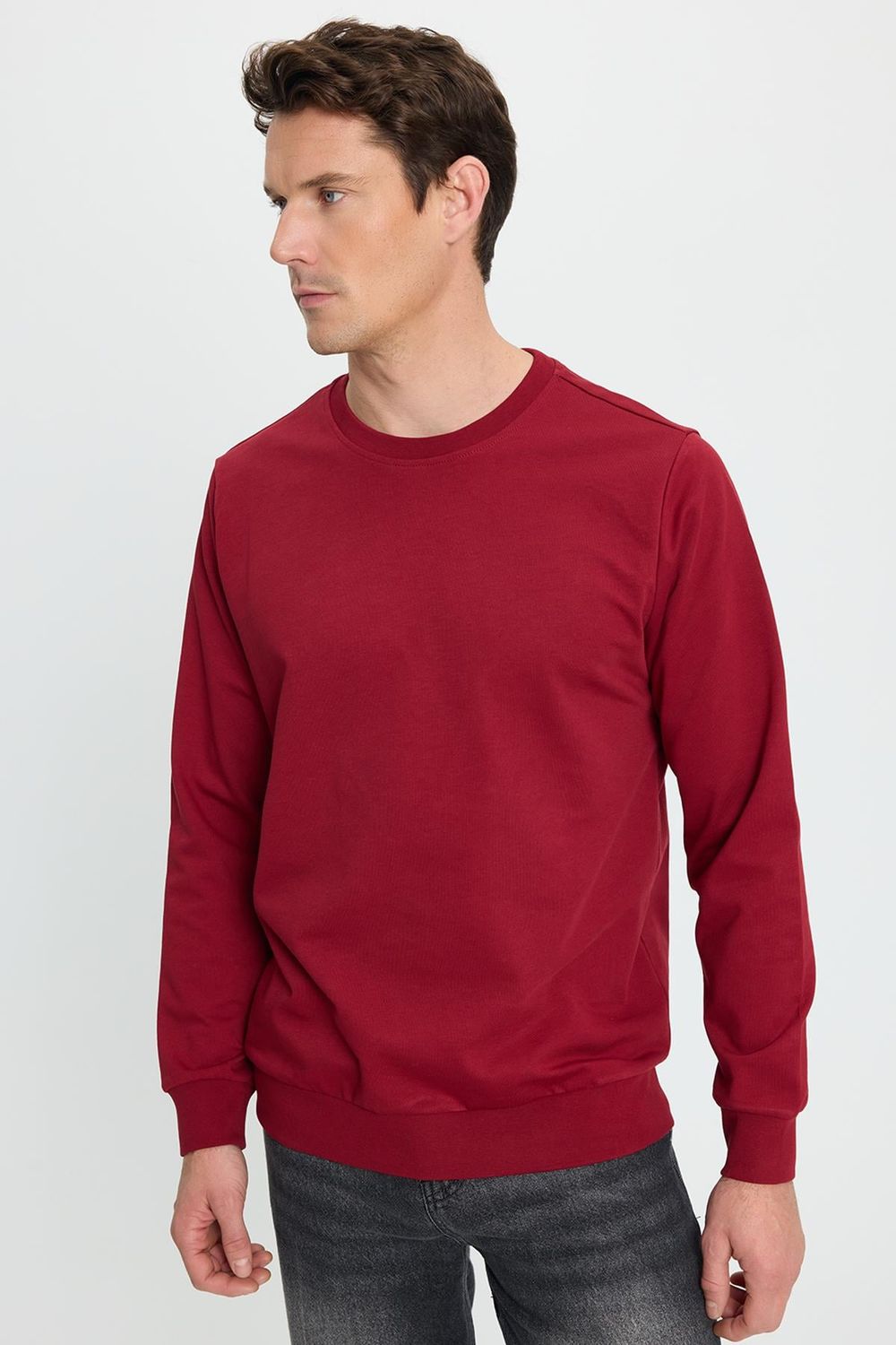 Erkek Relax Fit Rahat Kesim %100 Pamuk 2 İplik Bisiklet Yaka Bordo Sweatshirt 