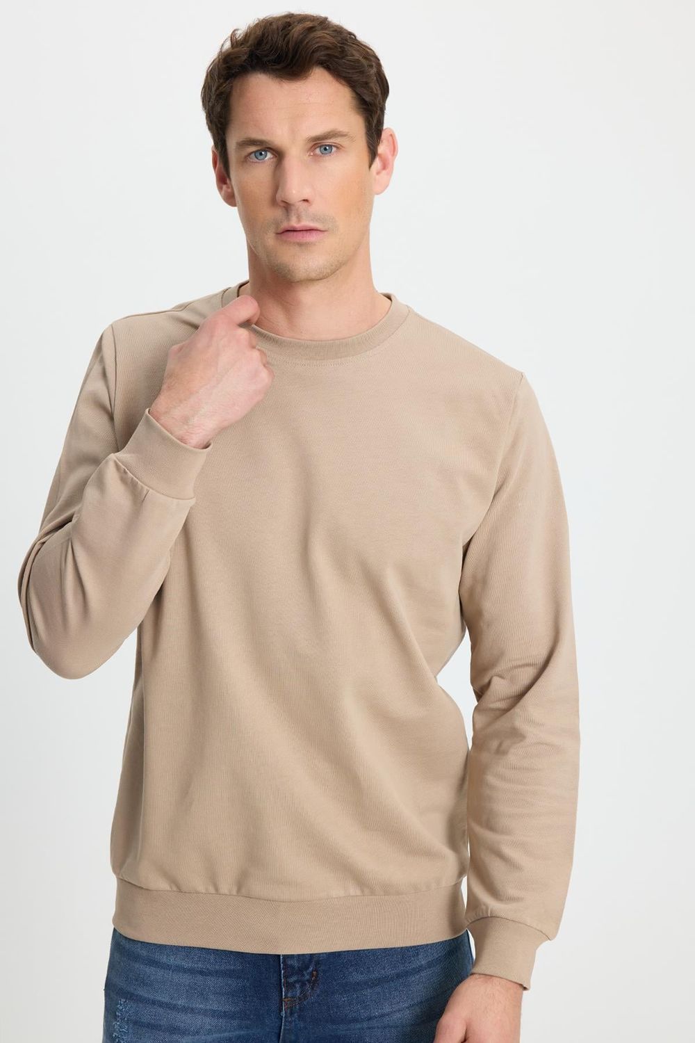 Erkek Relax Fit Rahat Kesim %100 Pamuk 2 İplik Bisiklet Yaka Taş Sweatshirt 