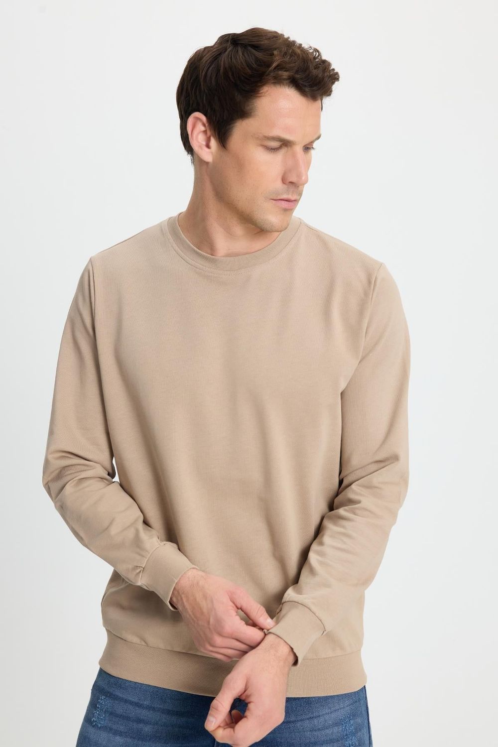 Erkek Relax Fit Rahat Kesim %100 Pamuk 2 İplik Bisiklet Yaka Taş Sweatshirt 