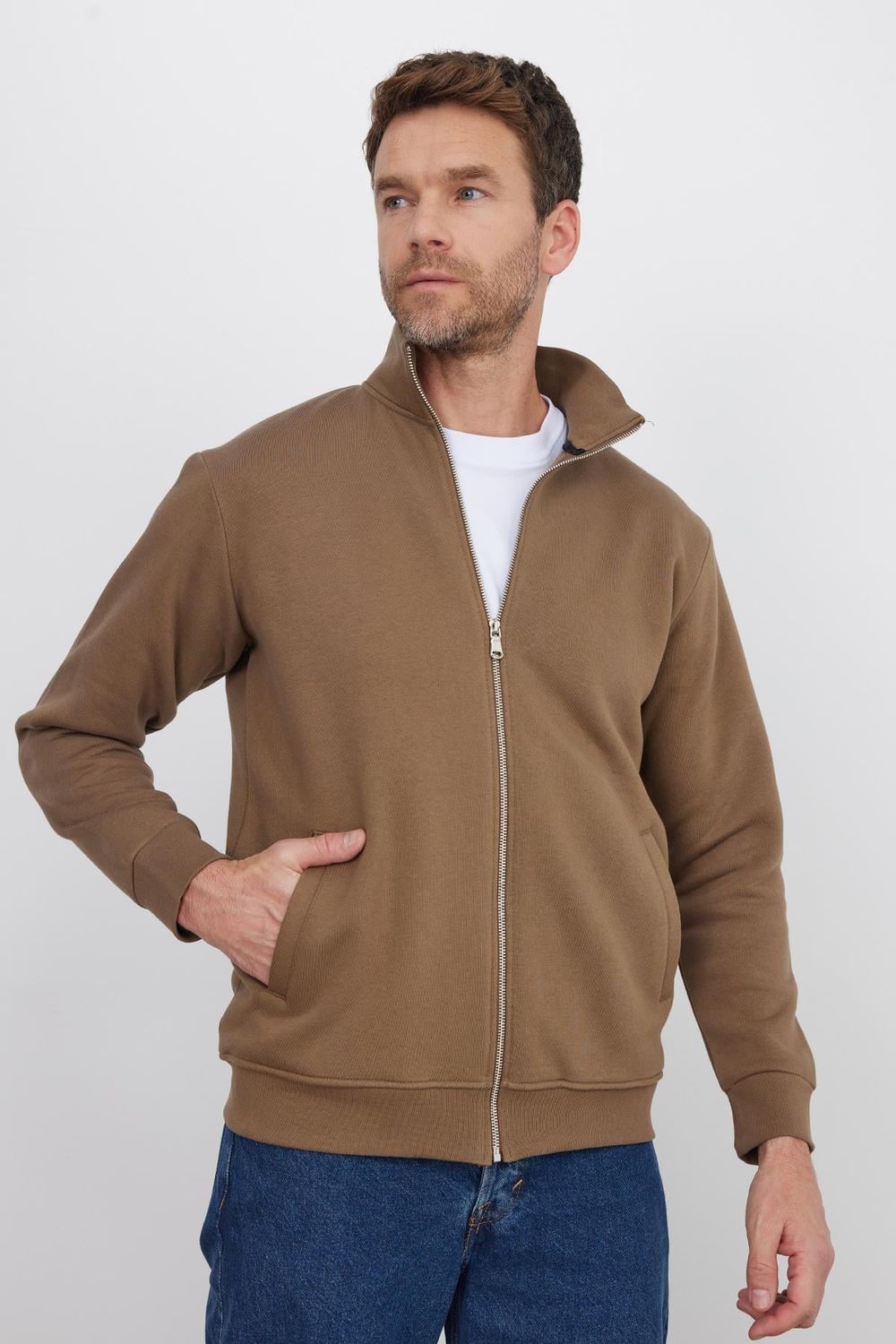 Unisex Relax Fit Rahat Kesim Pamuklu İçi Polarlı Tam Fermuarlı Kahverengi Dik Yaka Hırka