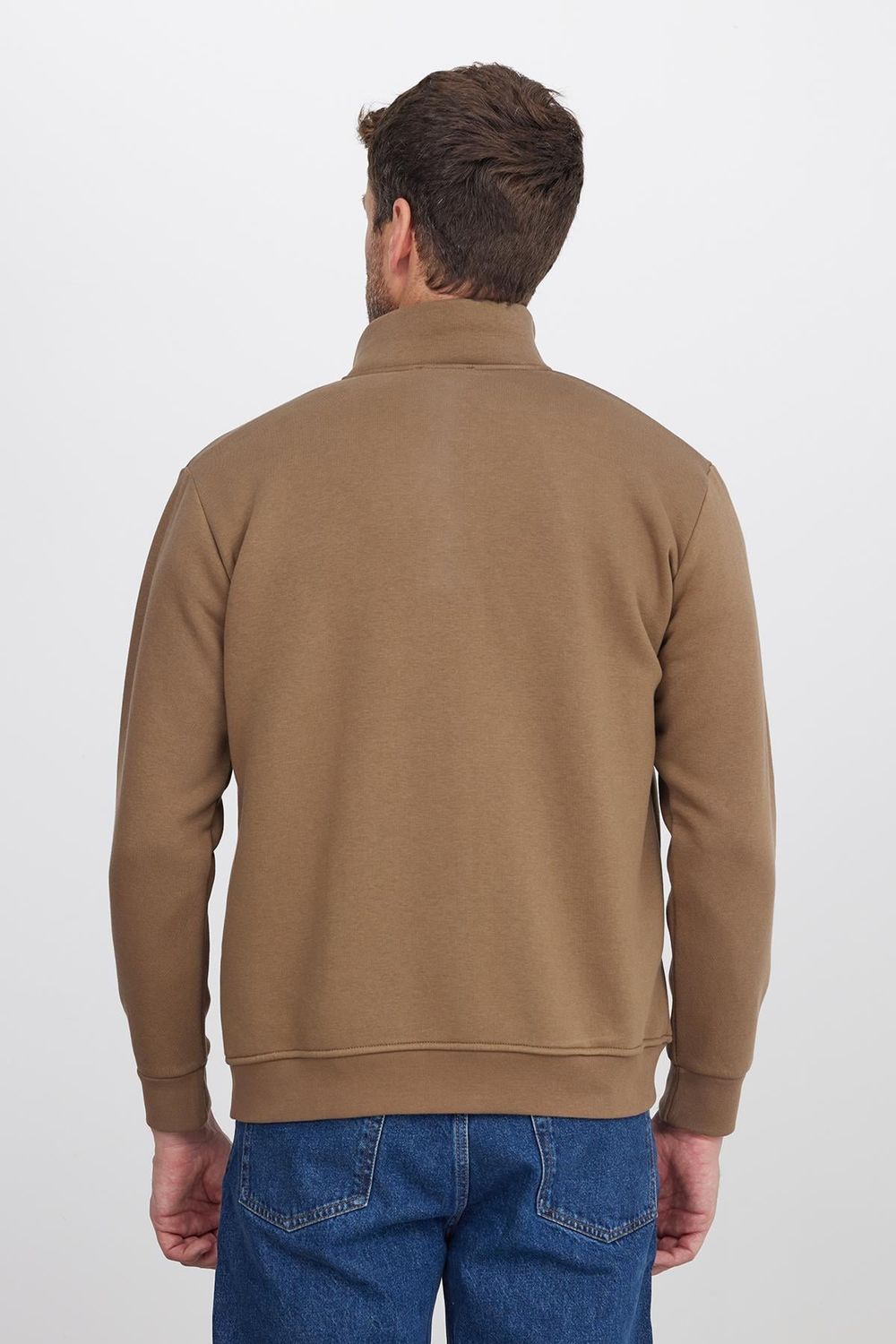 Unisex Relax Fit Rahat Kesim Pamuklu İçi Polarlı Tam Fermuarlı Kahverengi Dik Yaka Hırka