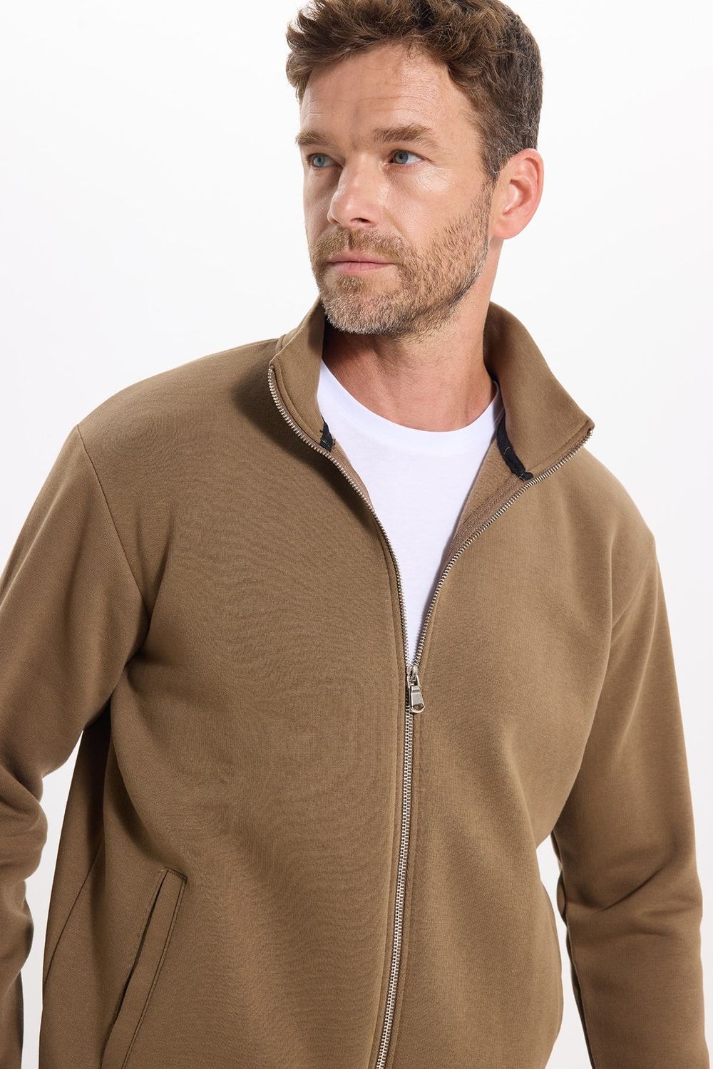 Unisex Relax Fit Rahat Kesim Pamuklu 3 İplik İçi Polarlı Fermuarlı Kahverengi Cepli Sweatshirt Hırka