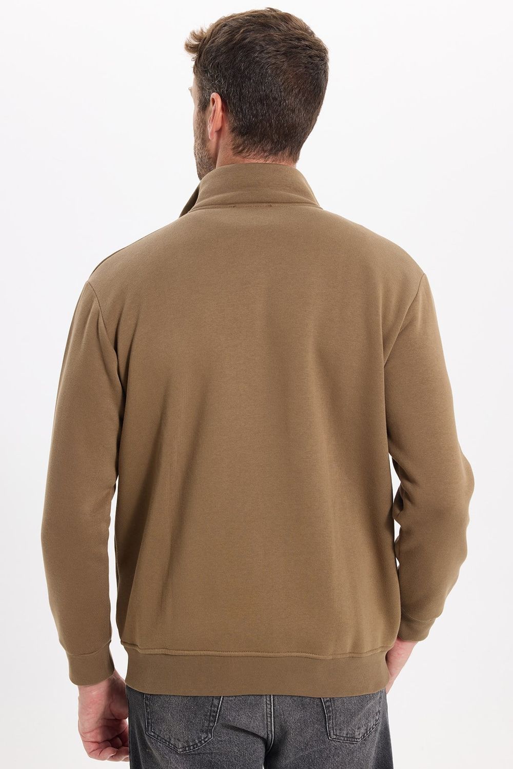 Unisex Relax Fit Rahat Kesim Pamuklu 3 İplik İçi Polarlı Fermuarlı Kahverengi Cepli Sweatshirt Hırka