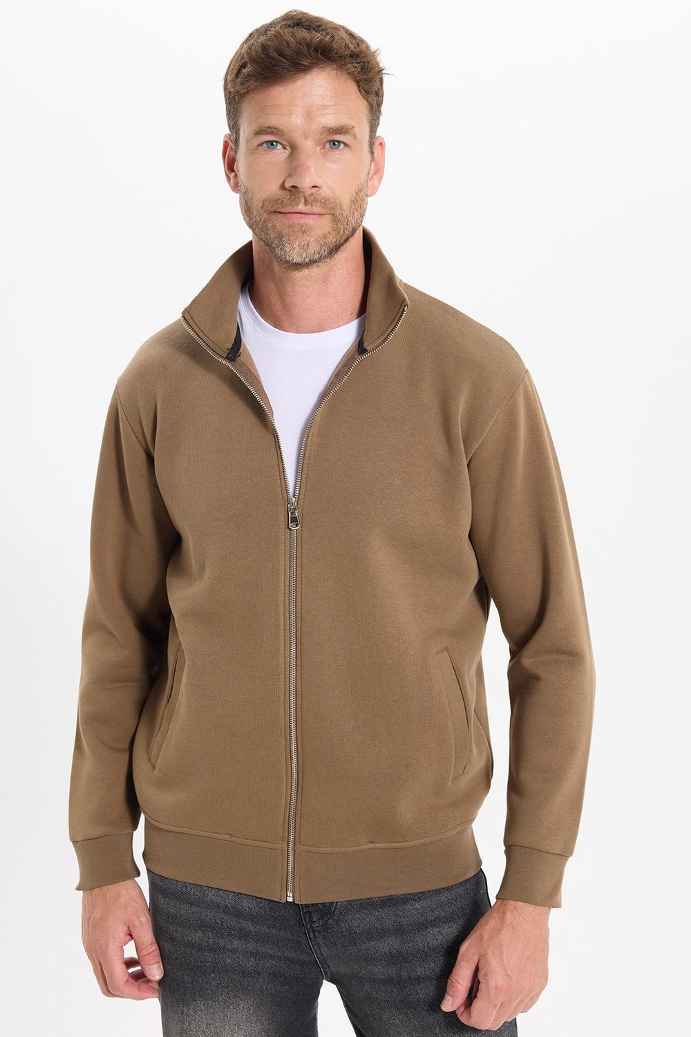 Unisex Relax Fit Rahat Kesim Pamuklu 3 İplik İçi Polarlı Fermuarlı Kahverengi Cepli Sweatshirt Hırka