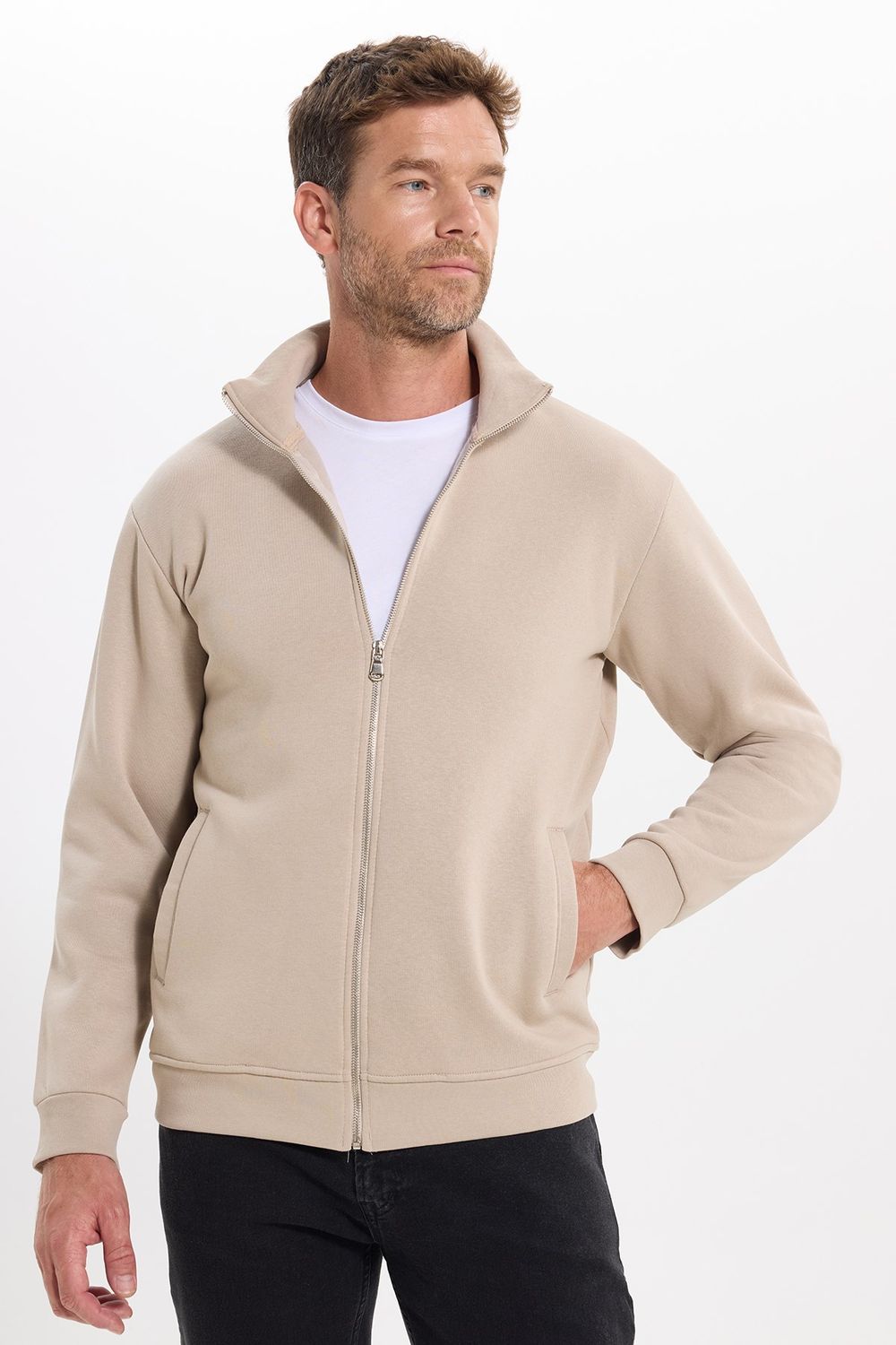 Unisex Relax Fit Rahat Kesim Pamuklu 3 İplik İçi Polarlı Fermuarlı Cepli Taş Sweatshirt Hırka