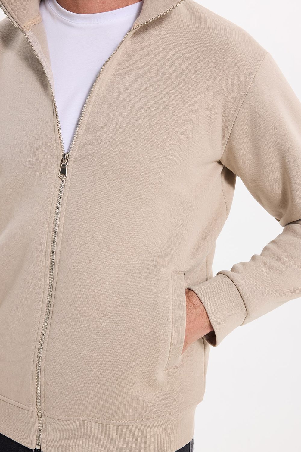 Unisex Relax Fit Rahat Kesim Pamuklu 3 İplik İçi Polarlı Fermuarlı Cepli Taş Sweatshirt Hırka