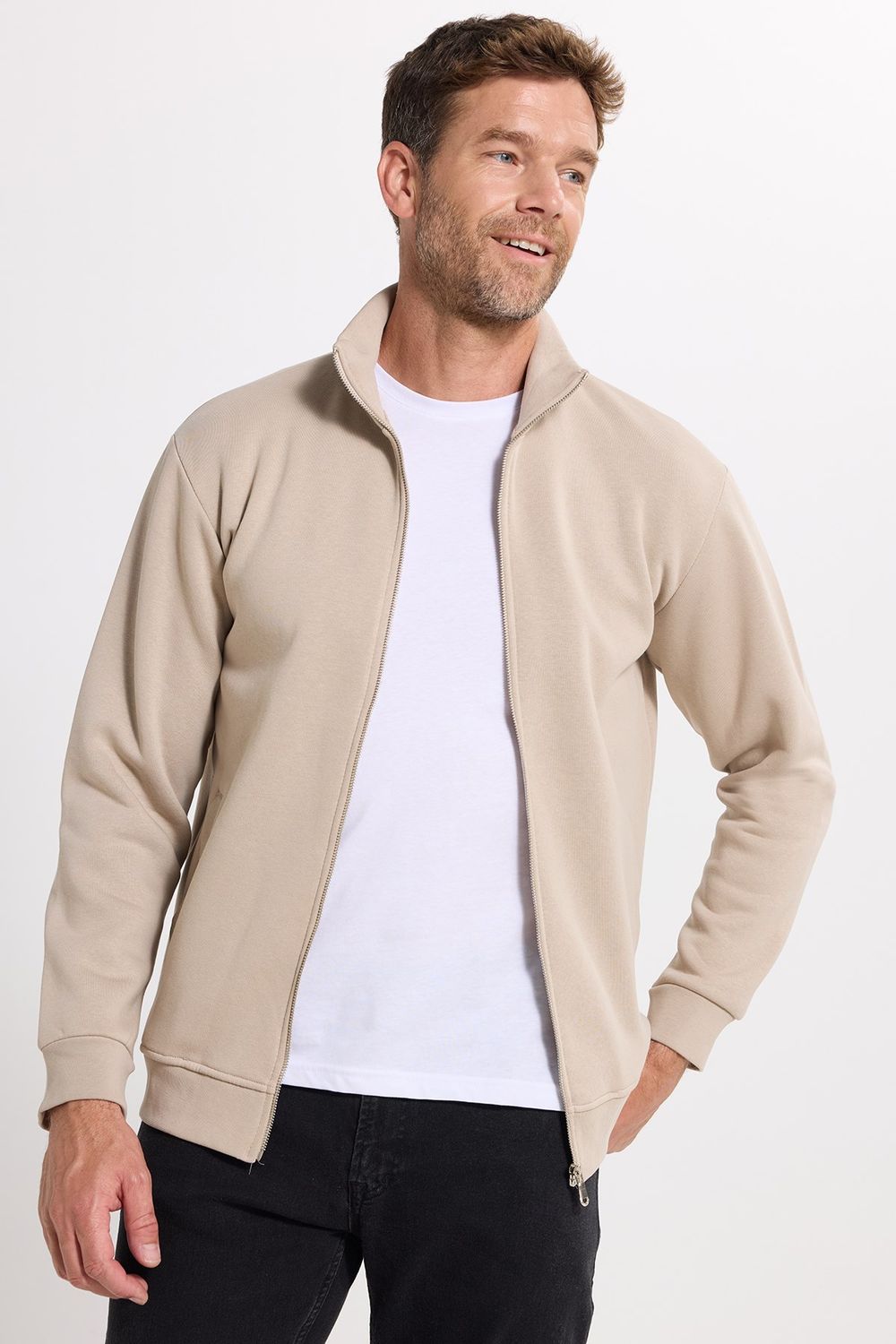 Unisex Relax Fit Rahat Kesim Pamuklu 3 İplik İçi Polarlı Fermuarlı Cepli Taş Sweatshirt Hırka