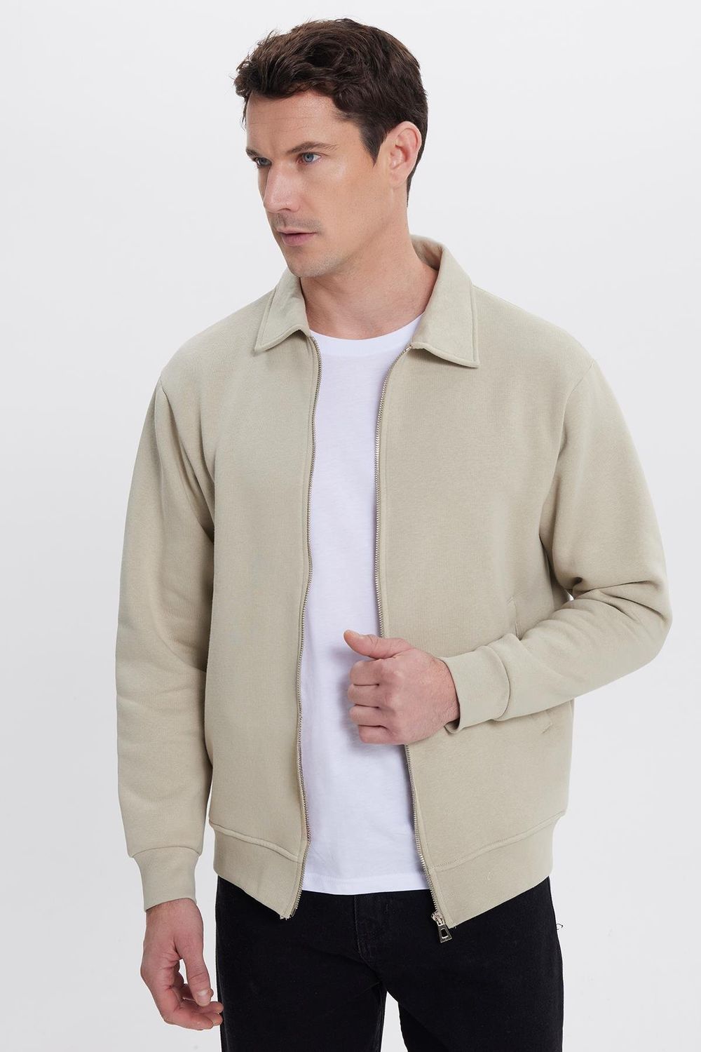 Unisex Relax Fit Rahat Kesim Pamuklu İçi Polarlı Fermuarlı Taş Polo Yaka Flato Cepli Sweatshirt Hırka