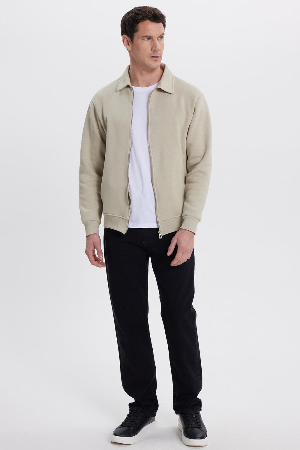 Unisex Relax Fit Rahat Kesim Pamuklu İçi Polarlı Fermuarlı Taş Polo Yaka Flato Cepli Sweatshirt Hırka