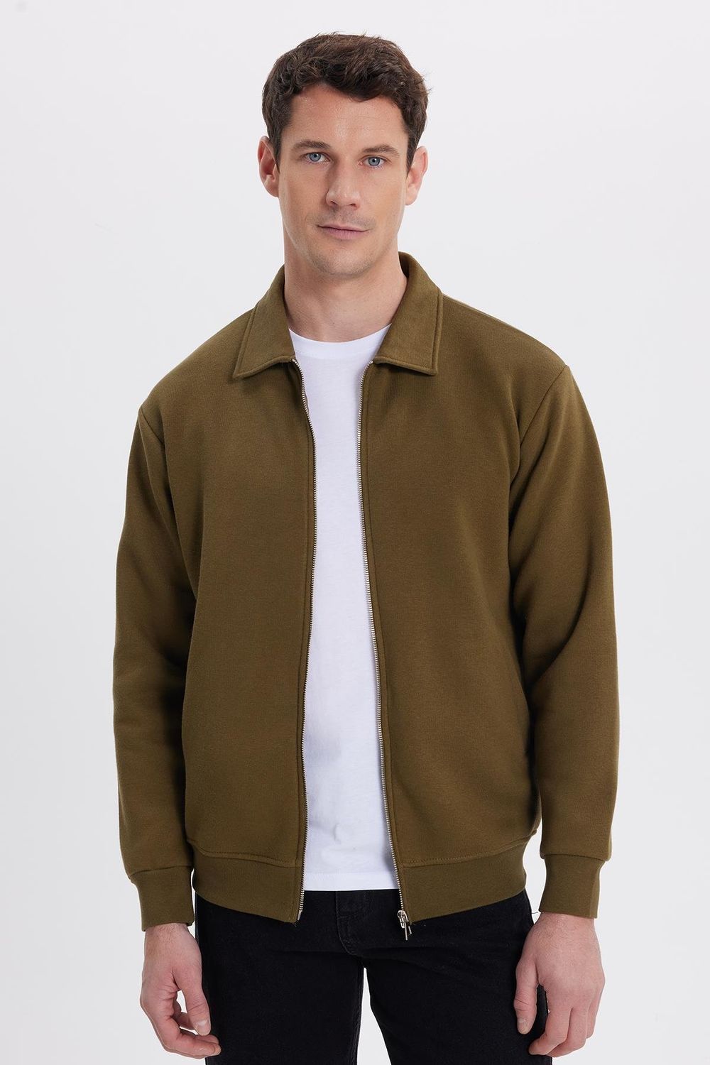 Unisex Relax Fit Rahat Kesim Pamuklu İçi Polarlı Fermuarlı Yeşil Polo Yaka Flato Cepli Sweatshirt Hırka