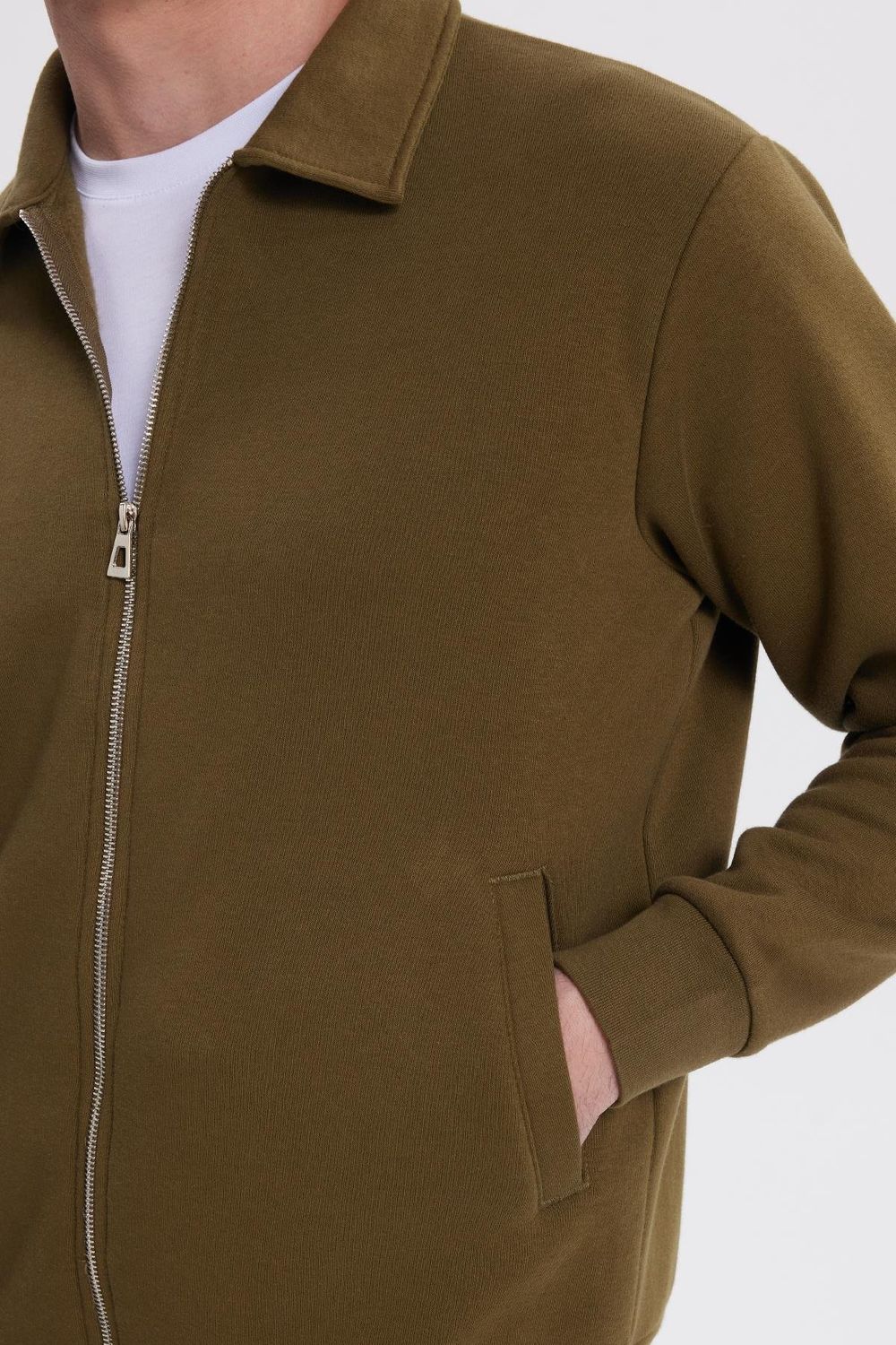 Unisex Relax Fit Rahat Kesim Pamuklu İçi Polarlı Fermuarlı Yeşil Polo Yaka Flato Cepli Sweatshirt Hırka