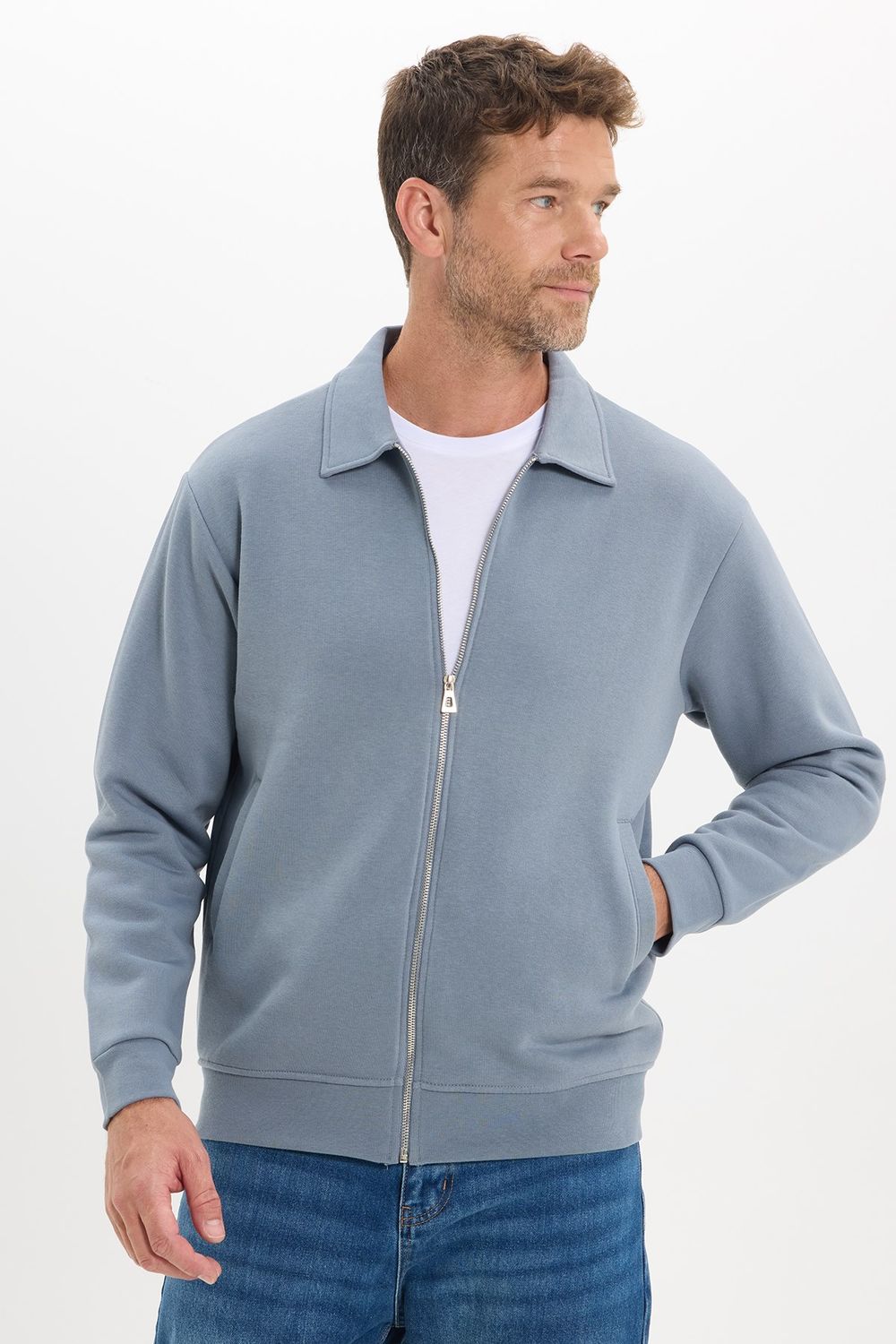 Unisex Relax Fit Rahat Kesim Pamuklu İç Polarlı Fermuarlı Gri Polo Yaka Flato Cepli Sweatshirt Hırka