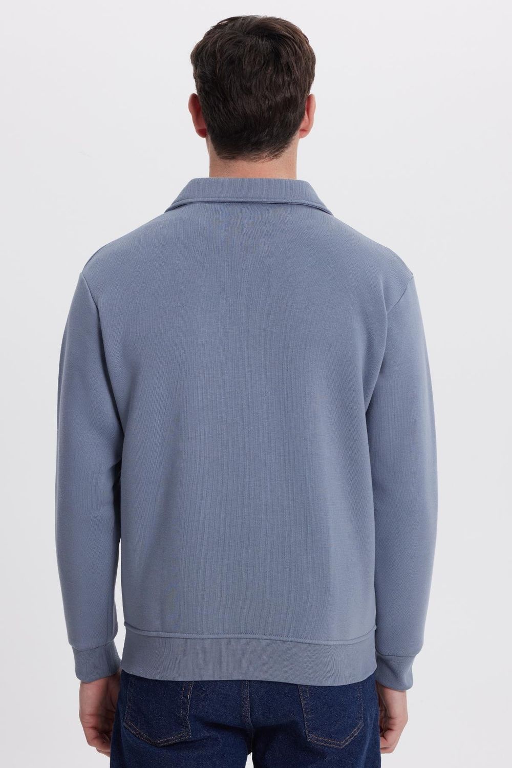 Unisex Relax Fit Rahat Kesim Pamuklu İç Polarlı Fermuarlı Gri Polo Yaka Flato Cepli Sweatshirt Hırka