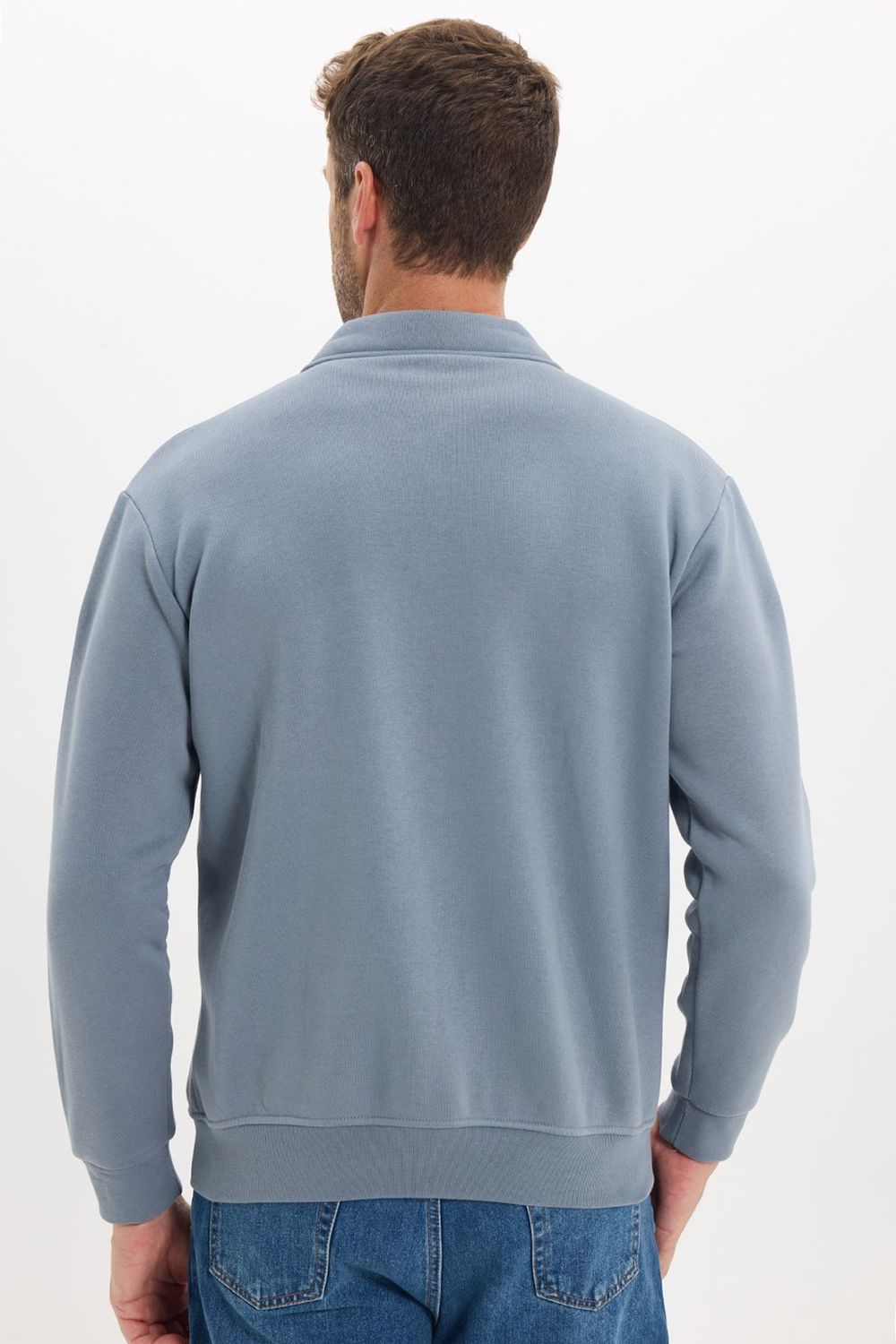 Unisex Relax Fit Rahat Kesim Pamuklu İç Polarlı Fermuarlı Gri Polo Yaka Flato Cepli Sweatshirt Hırka