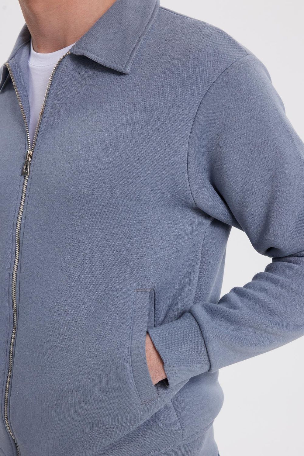 Unisex Relax Fit Rahat Kesim Pamuklu İç Polarlı Fermuarlı Gri Polo Yaka Flato Cepli Sweatshirt Hırka