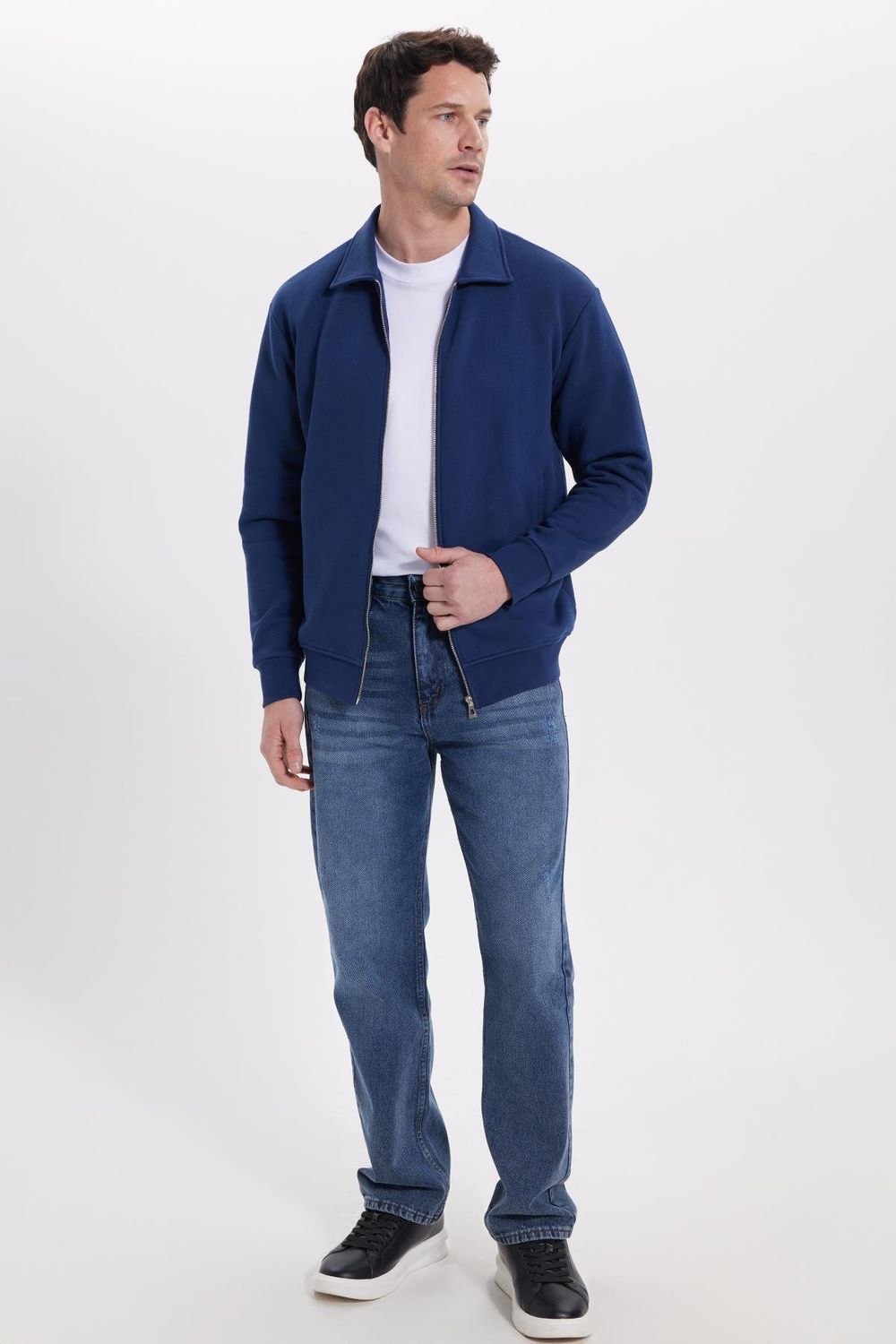 Unisex Relax Fit Rahat Kesim Pamuklu İç Polarlı Fermuarlı Lacivert Polo Yaka Flato Cepli Sweatshirt Hırka