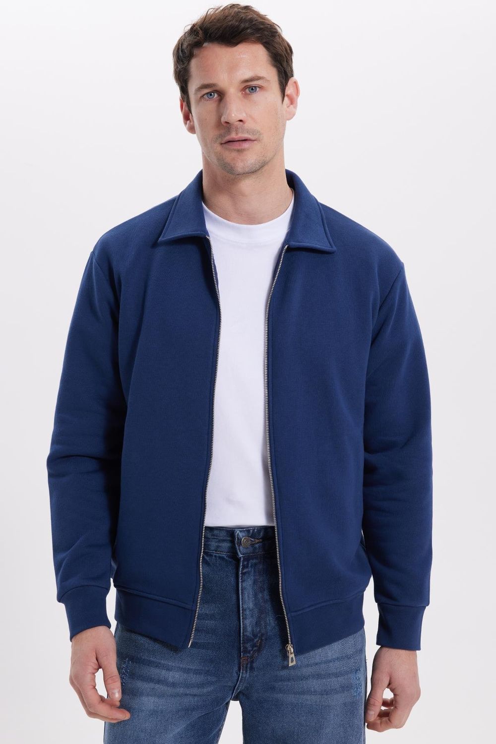 Unisex Relax Fit Rahat Kesim Pamuklu İç Polarlı Fermuarlı Lacivert Polo Yaka Flato Cepli Sweatshirt Hırka