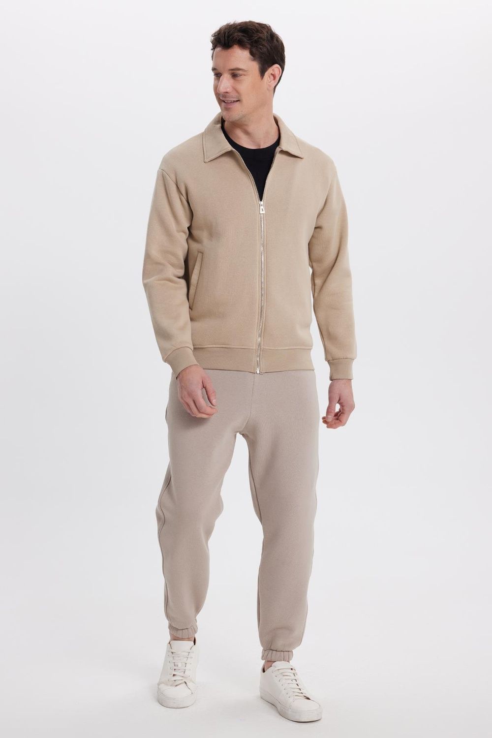 Unisex Relax Fit Rahat Kesim Pamuklu İçi Polarlı Fermuarlı Koyu Bej Polo Yaka Flato Cepli Sweatshirt Hırka