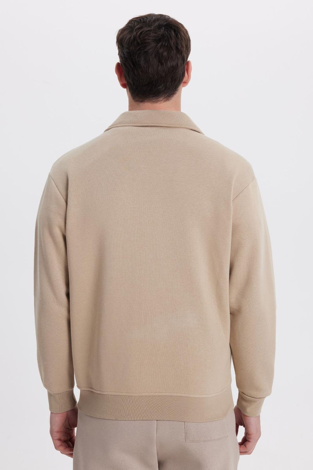 Unisex Relax Fit Rahat Kesim Pamuklu İçi Polarlı Fermuarlı Koyu Bej Polo Yaka Flato Cepli Sweatshirt Hırka