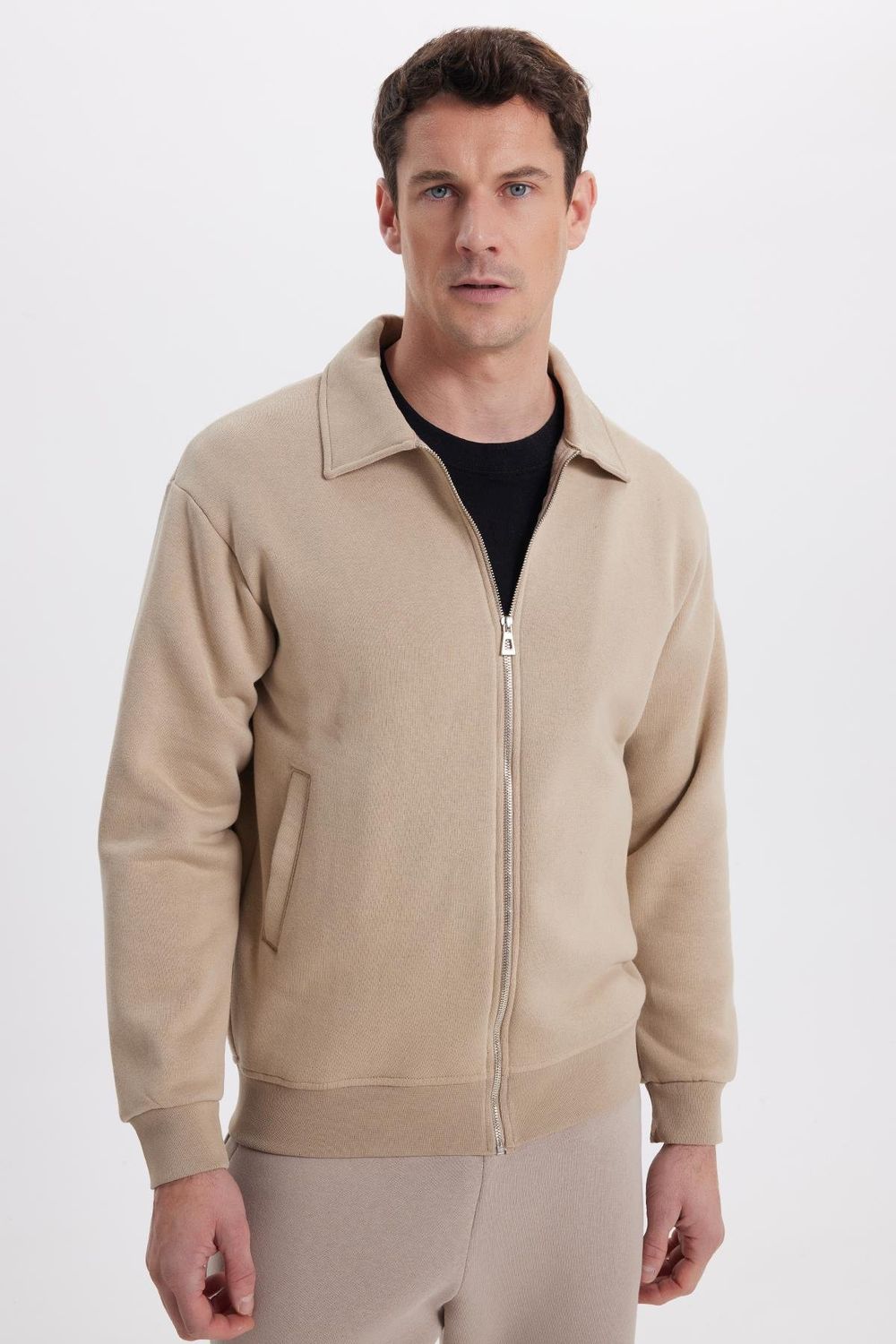 Unisex Relax Fit Rahat Kesim Pamuklu İçi Polarlı Fermuarlı Koyu Bej Polo Yaka Flato Cepli Sweatshirt Hırka