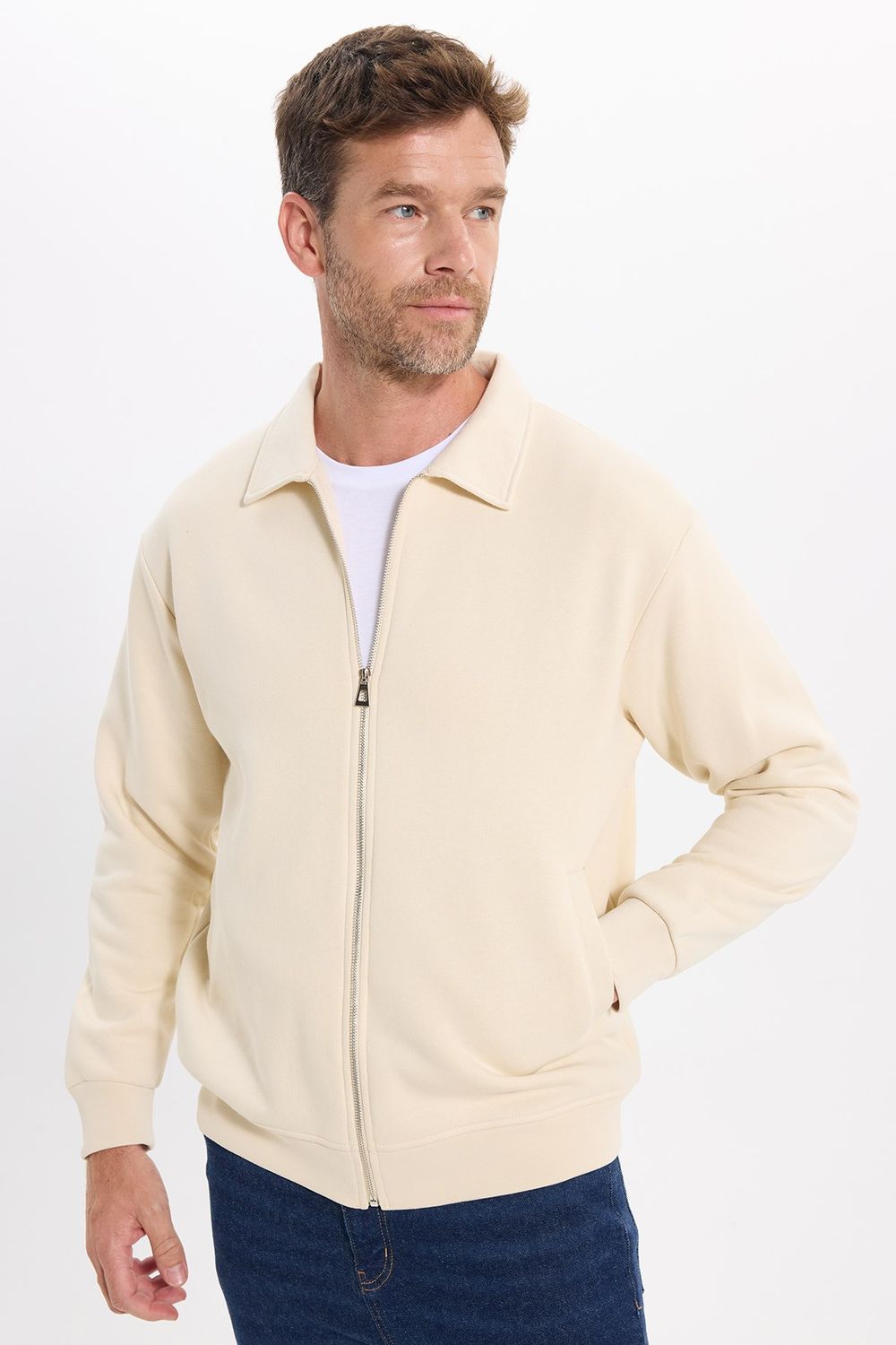 Unisex Relax Fit Rahat Kesim Pamuklu İç Polarlı Fermuarlı Bej Polo Yaka Flato Cepli Sweatshirt Hırka