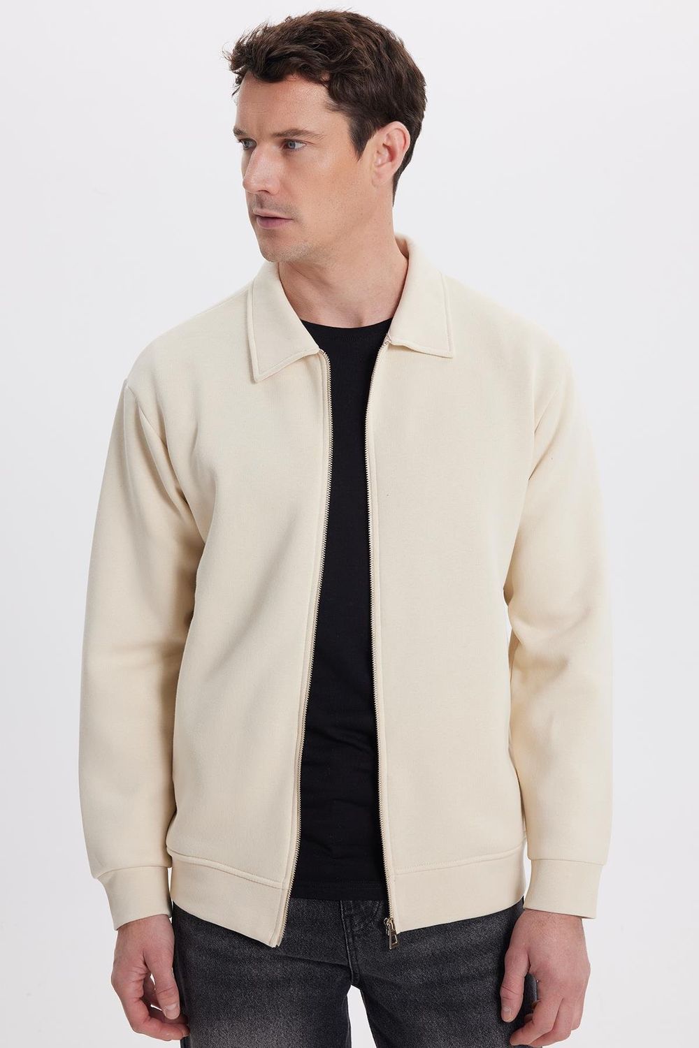 Unisex Relax Fit Rahat Kesim Pamuklu İç Polarlı Fermuarlı Bej Polo Yaka Flato Cepli Sweatshirt Hırka