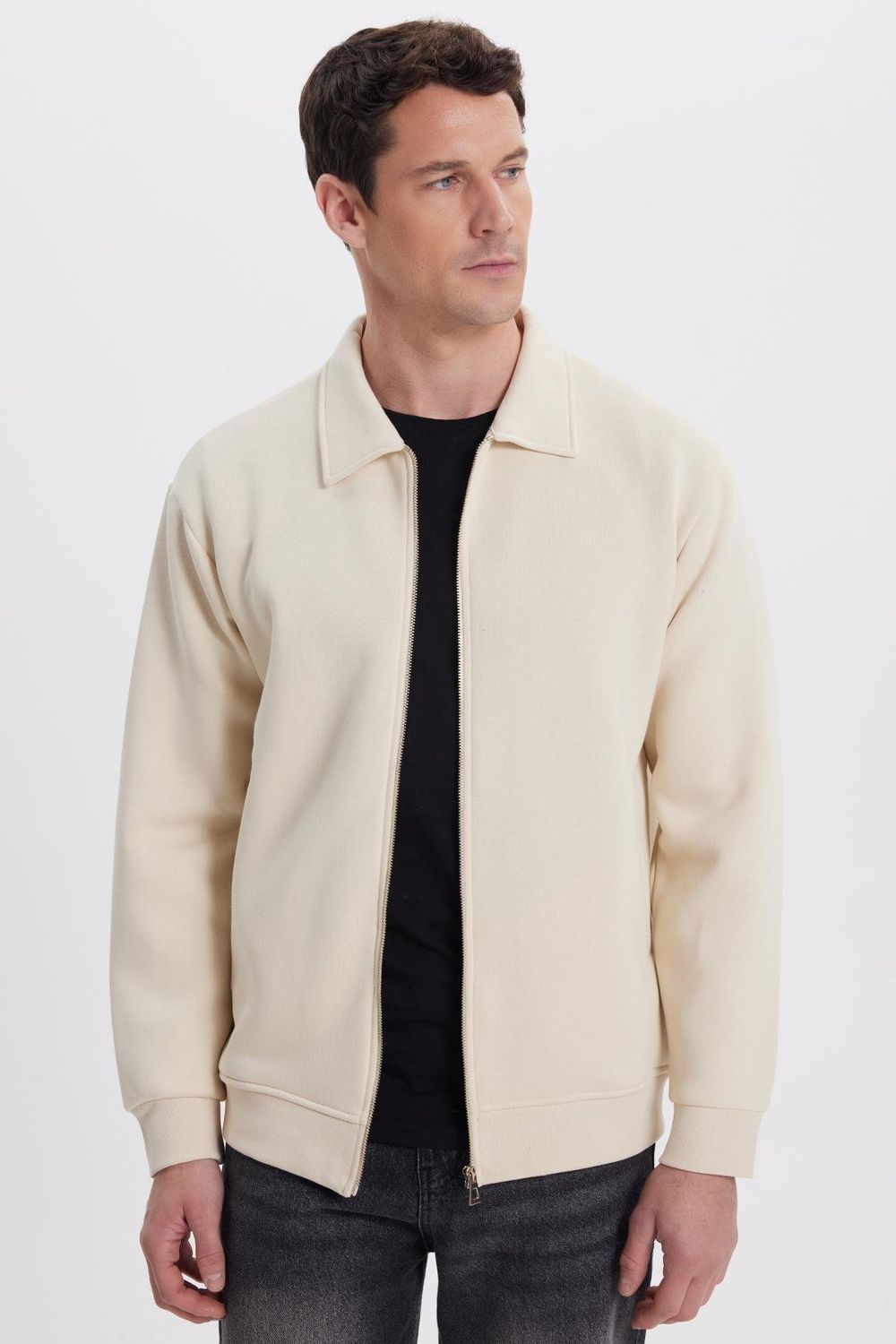 Unisex Relax Fit Rahat Kesim Pamuklu İç Polarlı Fermuarlı Bej Polo Yaka Flato Cepli Sweatshirt Hırka