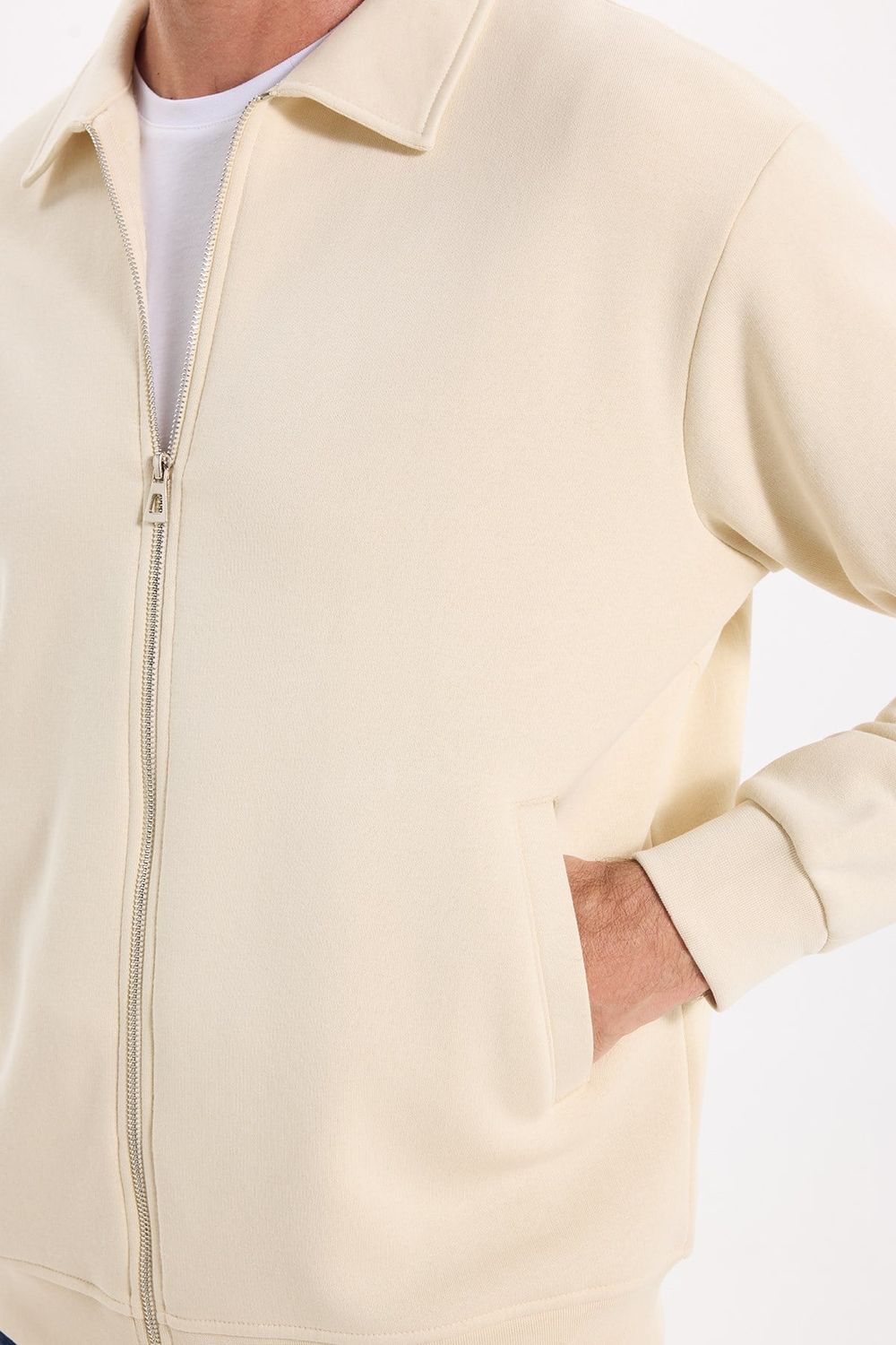 Unisex Relax Fit Rahat Kesim Pamuklu İç Polarlı Fermuarlı Bej Polo Yaka Flato Cepli Sweatshirt Hırka