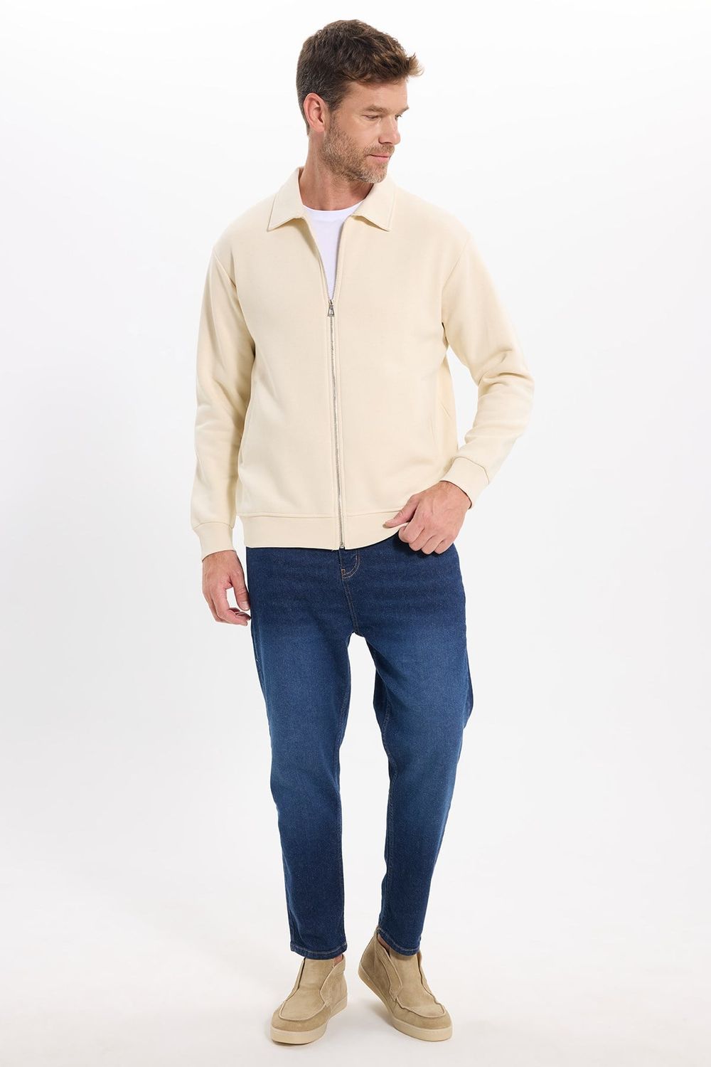 Unisex Relax Fit Rahat Kesim Pamuklu İç Polarlı Fermuarlı Bej Polo Yaka Flato Cepli Sweatshirt Hırka